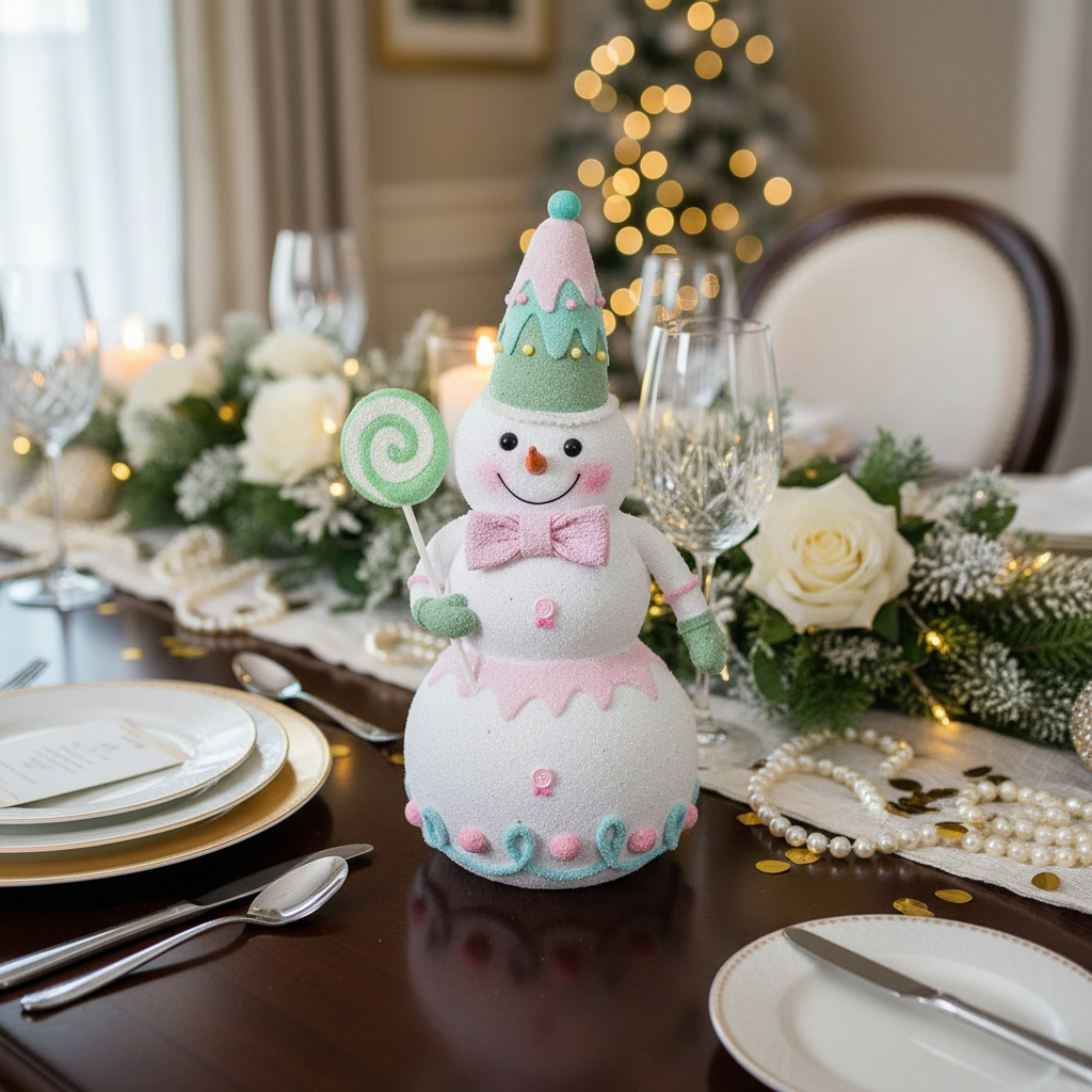 Christmas Snowman Holding Candy Figurine, Holiday Tabletop Decor, Winter Snowman Decoration, Christmas Home Decor Small
