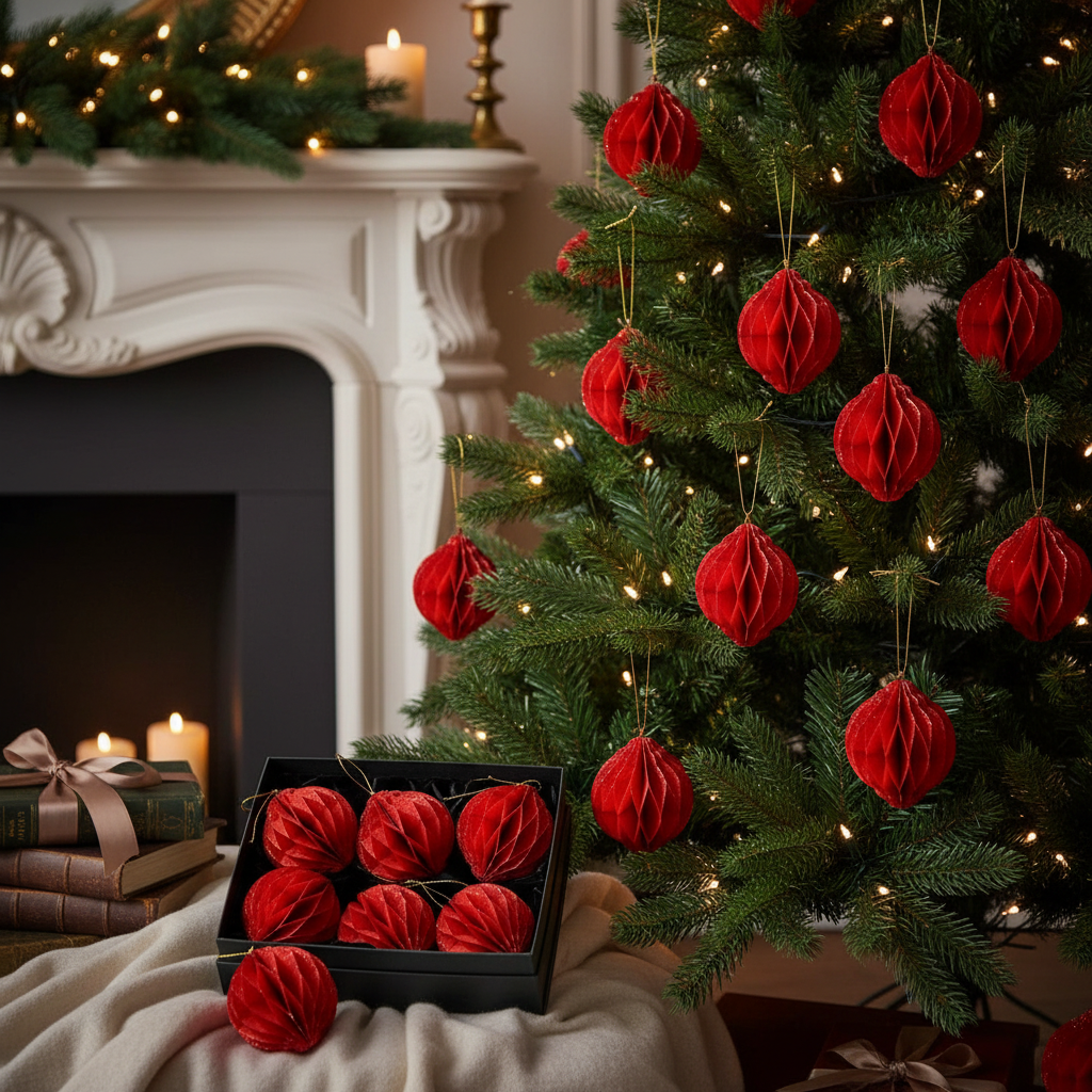 Red Folding Paper Ball Ornament Set of 12 – Holiday Tree Decoration