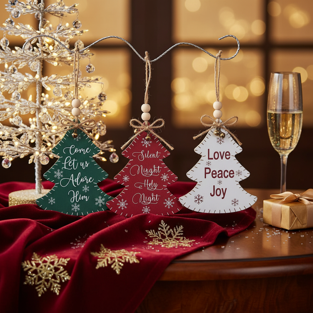 Flat Tree Shape Christmas Ornament with Text Set of 12 – Holiday Tree Decoration