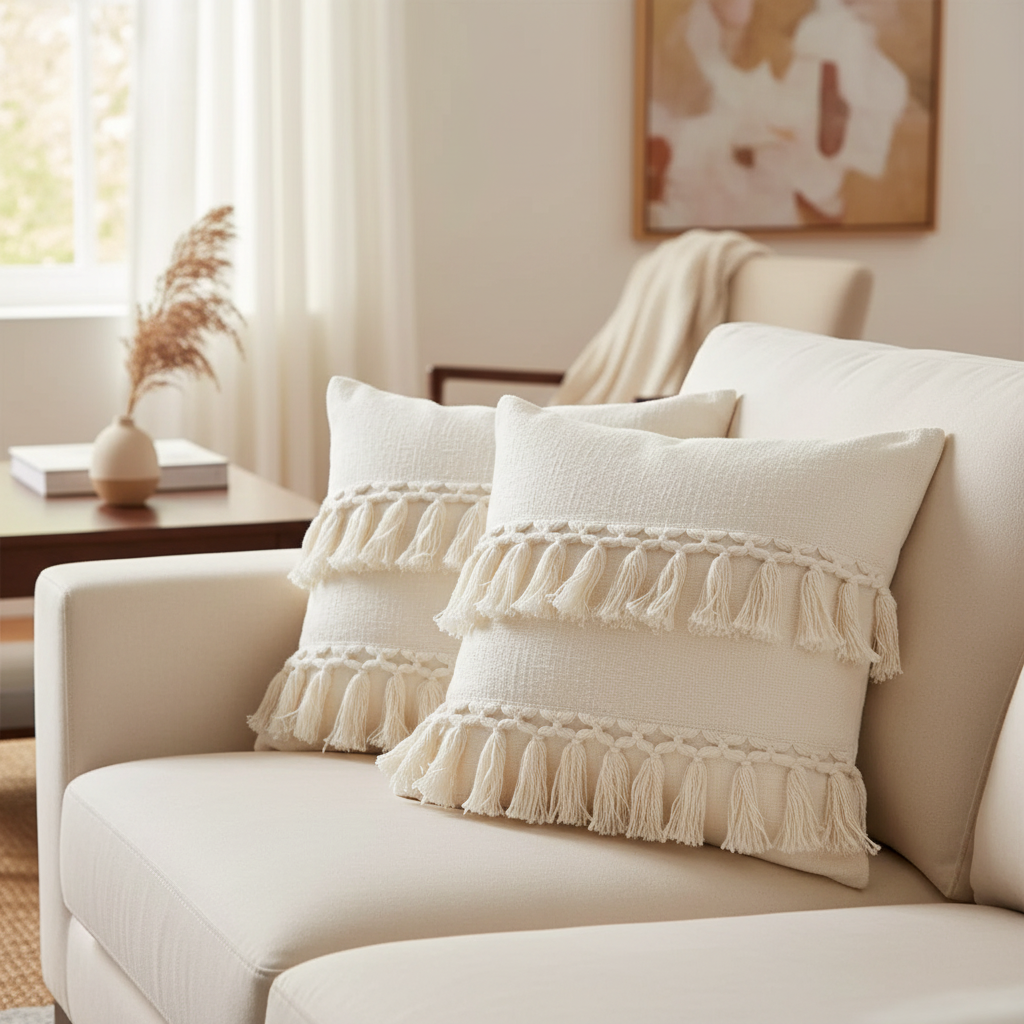 Slub Cotton Ivory Fringe Cushion Emma Set Of 2, 18 X 18 Inch, Decorative Throw Pillow