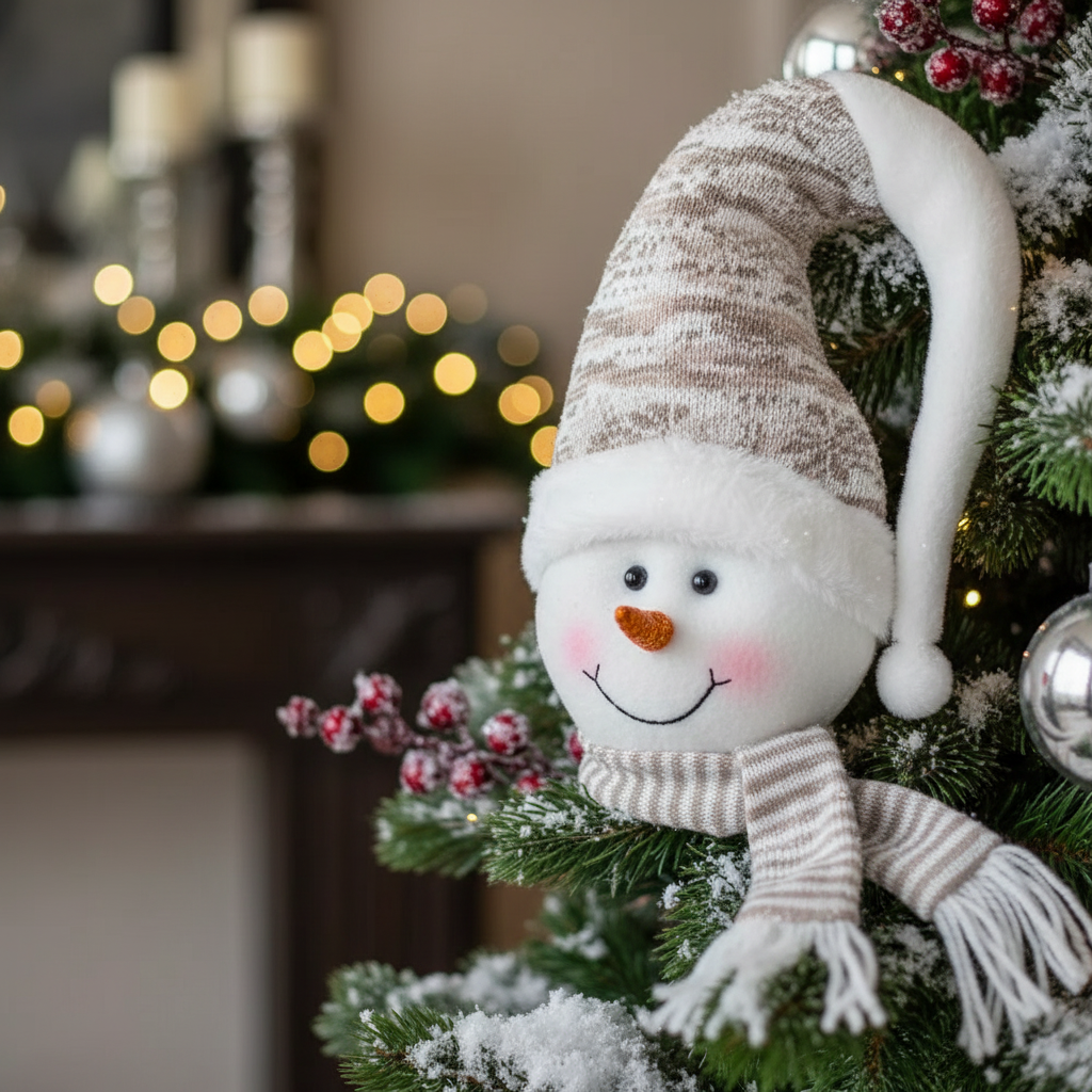 Snowman Plush Head Decoration 12", Christmas Snowman Plush Decor - Set Of 2