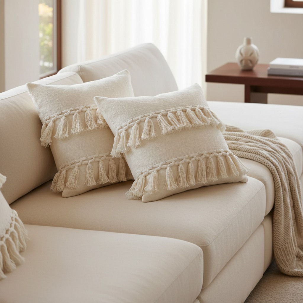 Slub Cotton Ivory Fringe Cushion Emma Set Of 2, 18 X 18 Inch, Decorative Throw Pillow