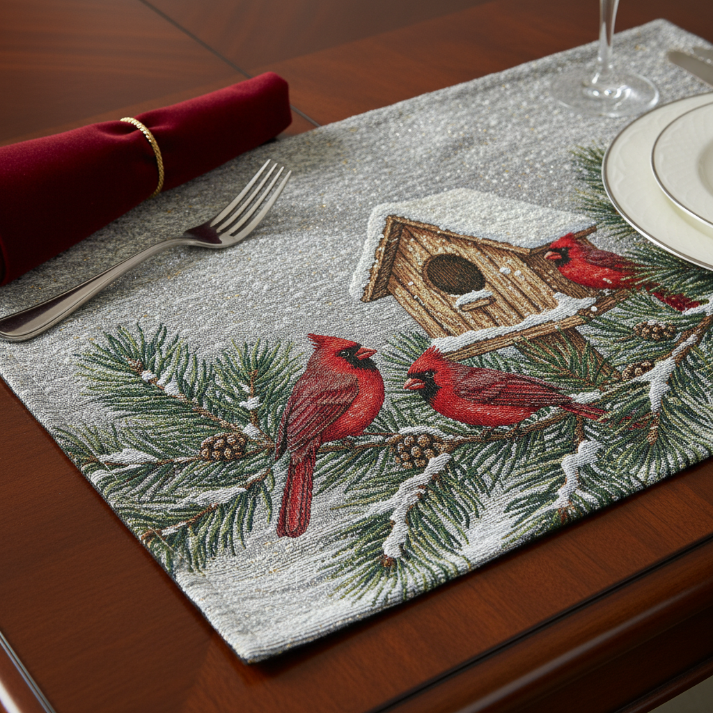 Birdhouse & Cardinal Tapestry Christmas Placemat 13x18 Set of 12 – Holiday Table Decor