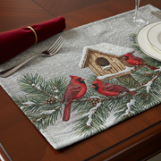 Birdhouse & Cardinal Tapestry Christmas Placemat 13x18 Set of 12 – Holiday Table Decor