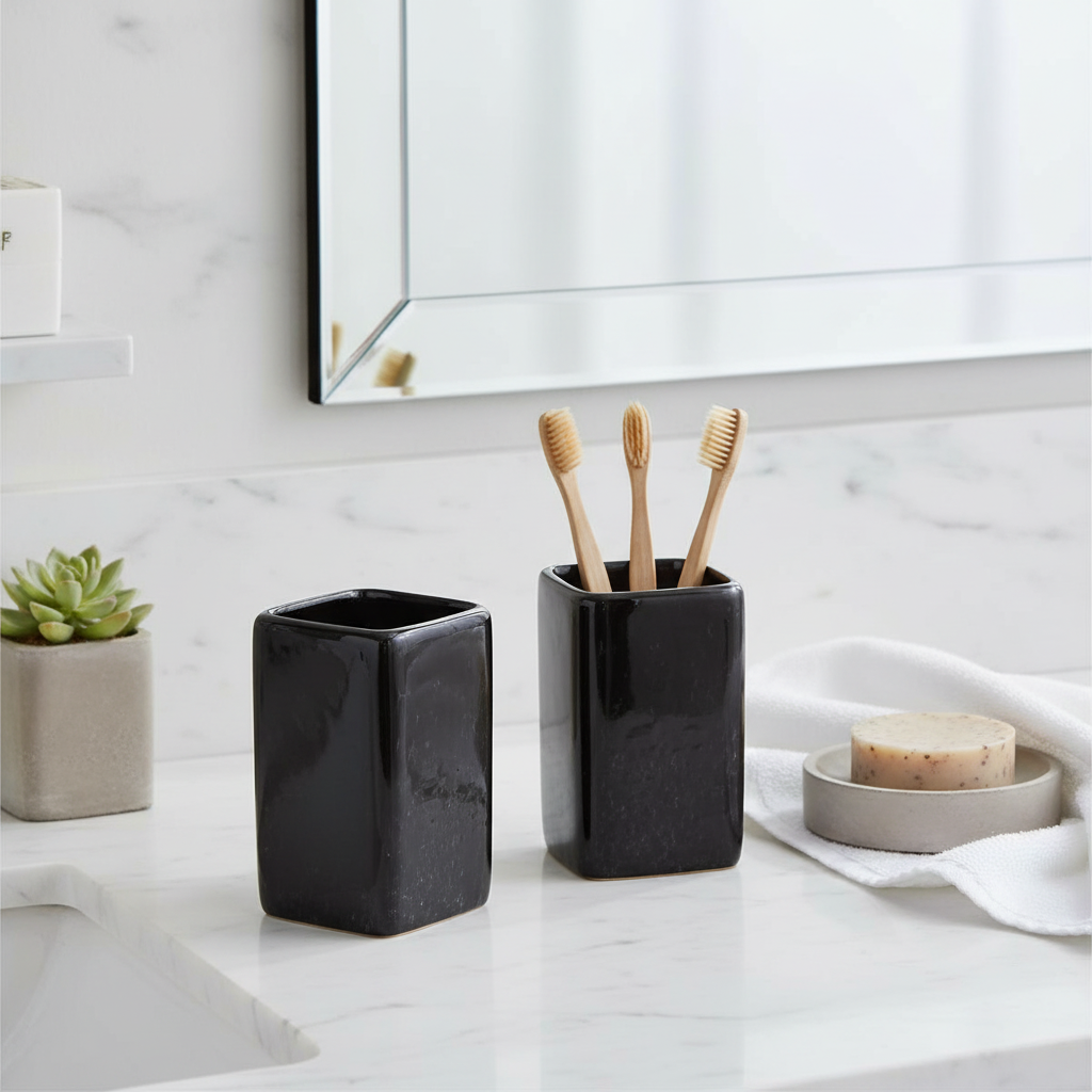 Ceramic Bathroom Tumbler – Black Granite, Set of 2, Elegant Bathroom Accessory