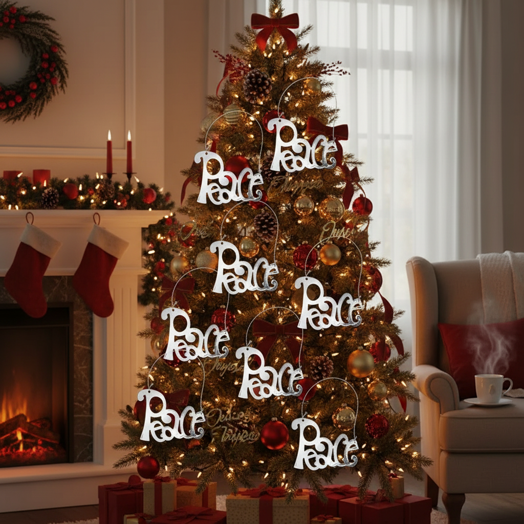 Flat Silver Metal Holiday Ornament – "Peace" Text, Set of 12
