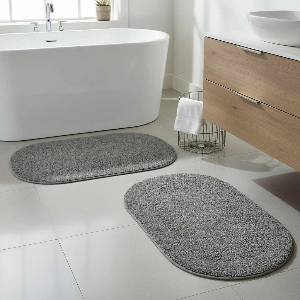 Reversible Cotton Oval Bath Mat – Solid Gray 16x24, Set of 2