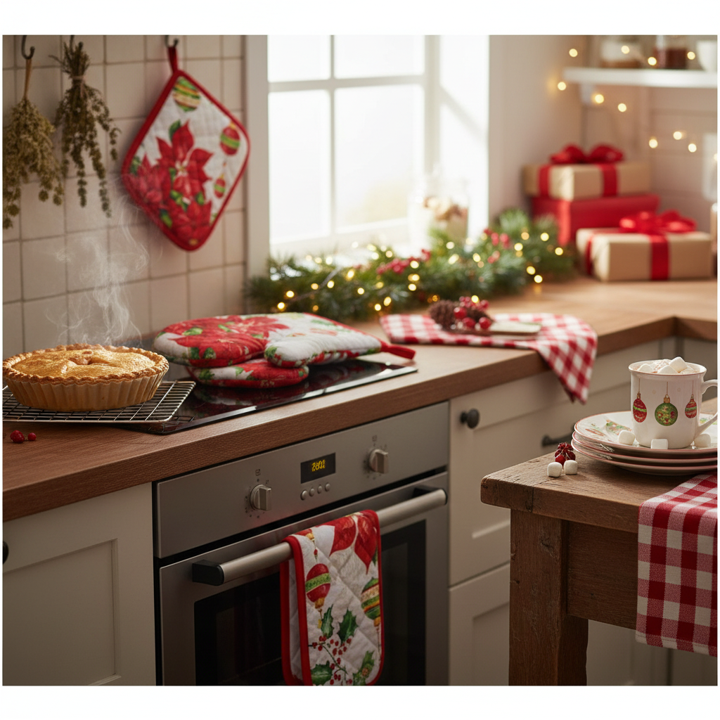 Ornaments Poinsettia Quilted Oven Mitt – Heat Resistant, Christmas Kitchen Gloves – Set of 4