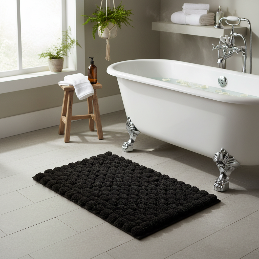 Handwoven Pompom Bath Mat – Black, 20x32 Inch, Soft & Decorative