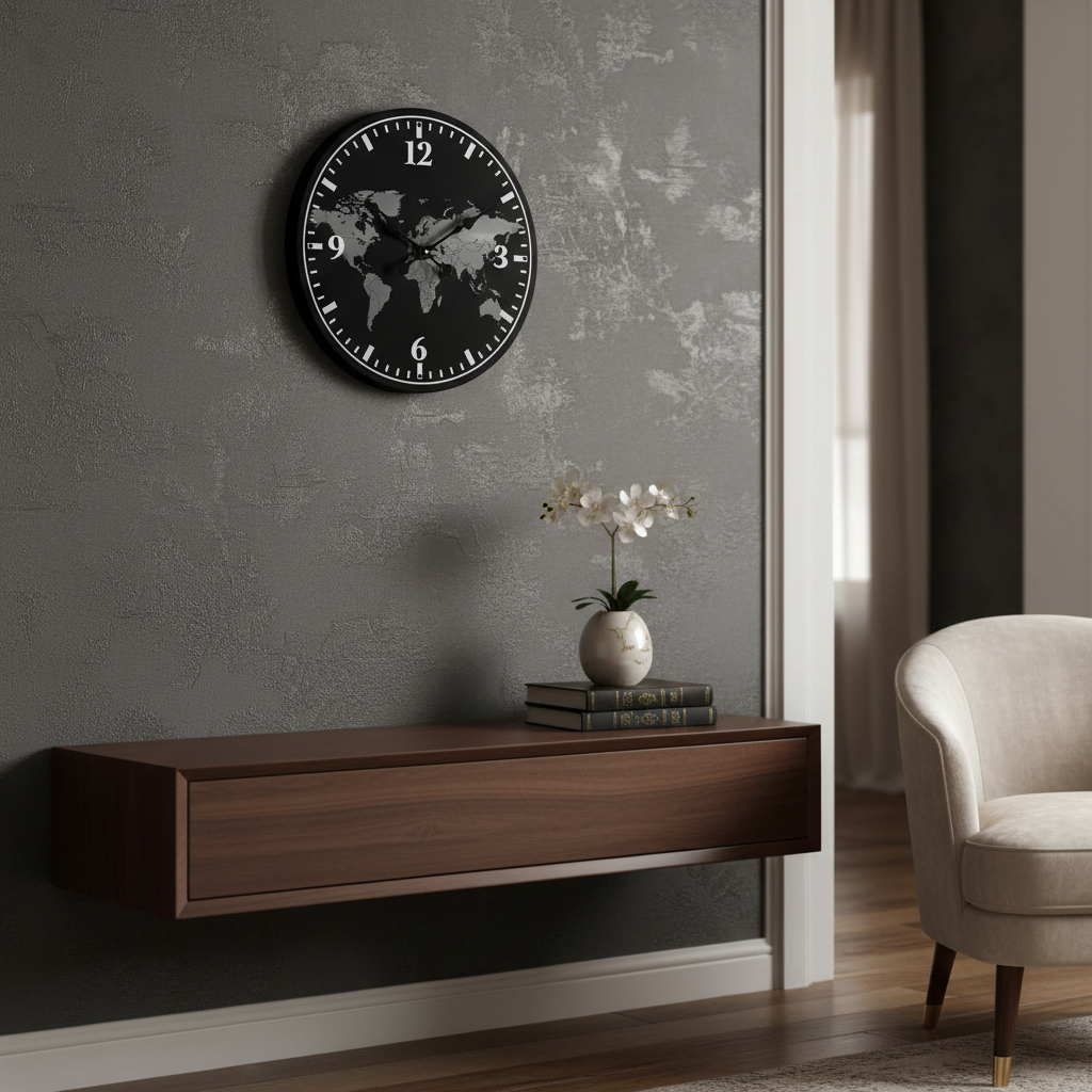 Round MDF 13 Inch Wall Clock World Map Design Home and Office Decor