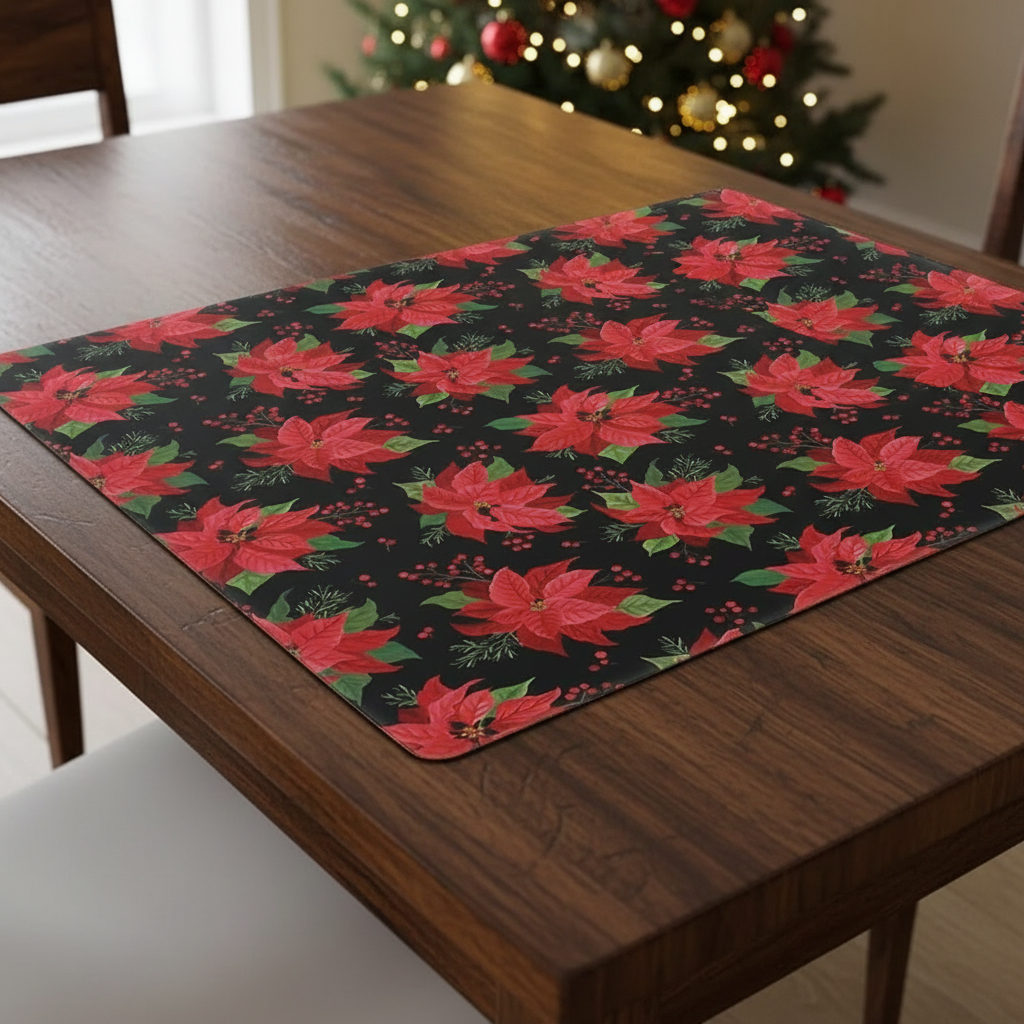 Multi Poinsettia Plastic Christmas Placemat Set of 12 – Holiday Table Decor