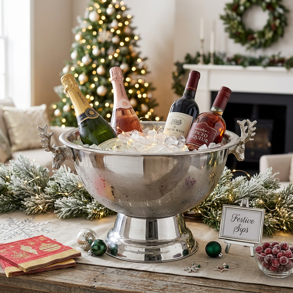 Stainless Steel Wine Tub with Reindeer 13.38" – Christmas Party Décor