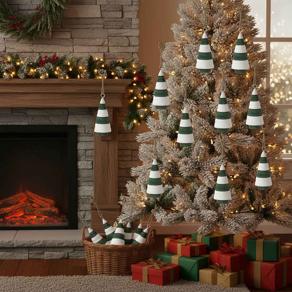 3.54" Wooden Christmas Tree Ornament Set of 12 – Holiday Decoration, Tree Hanging