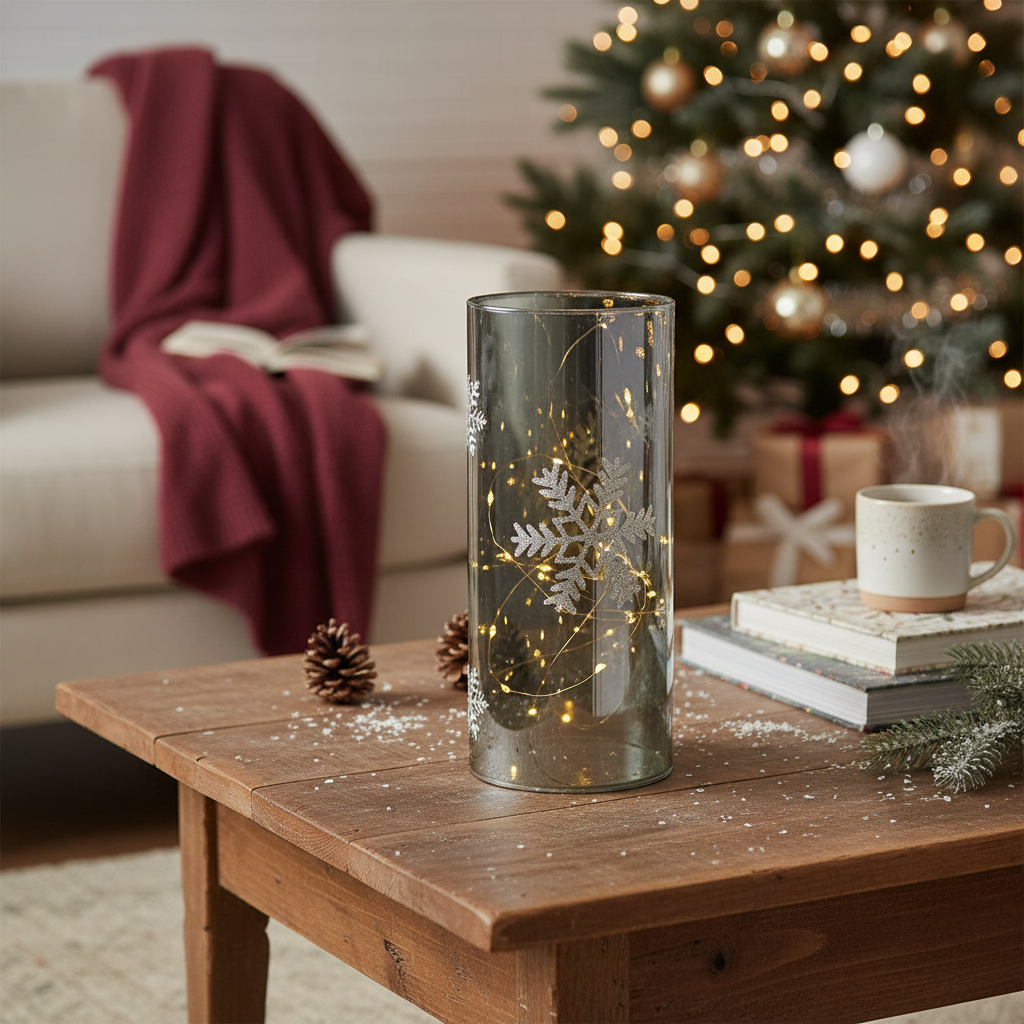 7.88" LED Cylinder Glass Stand Silver Snowflake – Large Christmas Decor