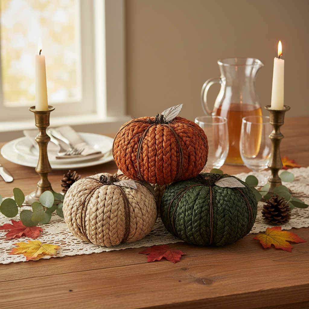 Braided Foam Pumpkin Decor, Fall Harvest Pumpkin Decoration, Thanksgiving Table Decor - Set Of 3