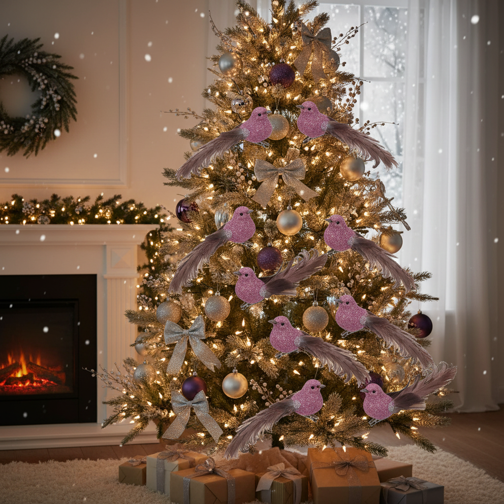 Mauve Glitter Feather Tail Bird Ornament Set of 12 – Holiday Tree Decoration