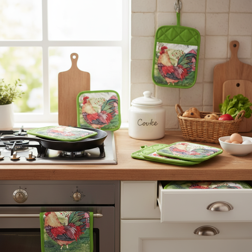 Pot Holder With Pocket Roosters Design Set Of 6, Kitchen Heat Resistant Accessory