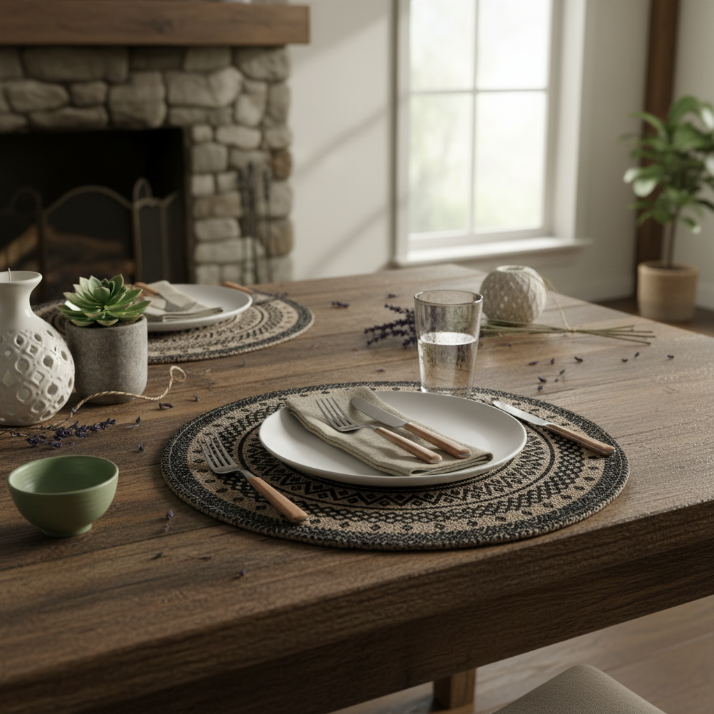 Round Jute Placemat Black Mandala Set Of 12, Rustic Dining Table Decor, Farmhouse Table Setting