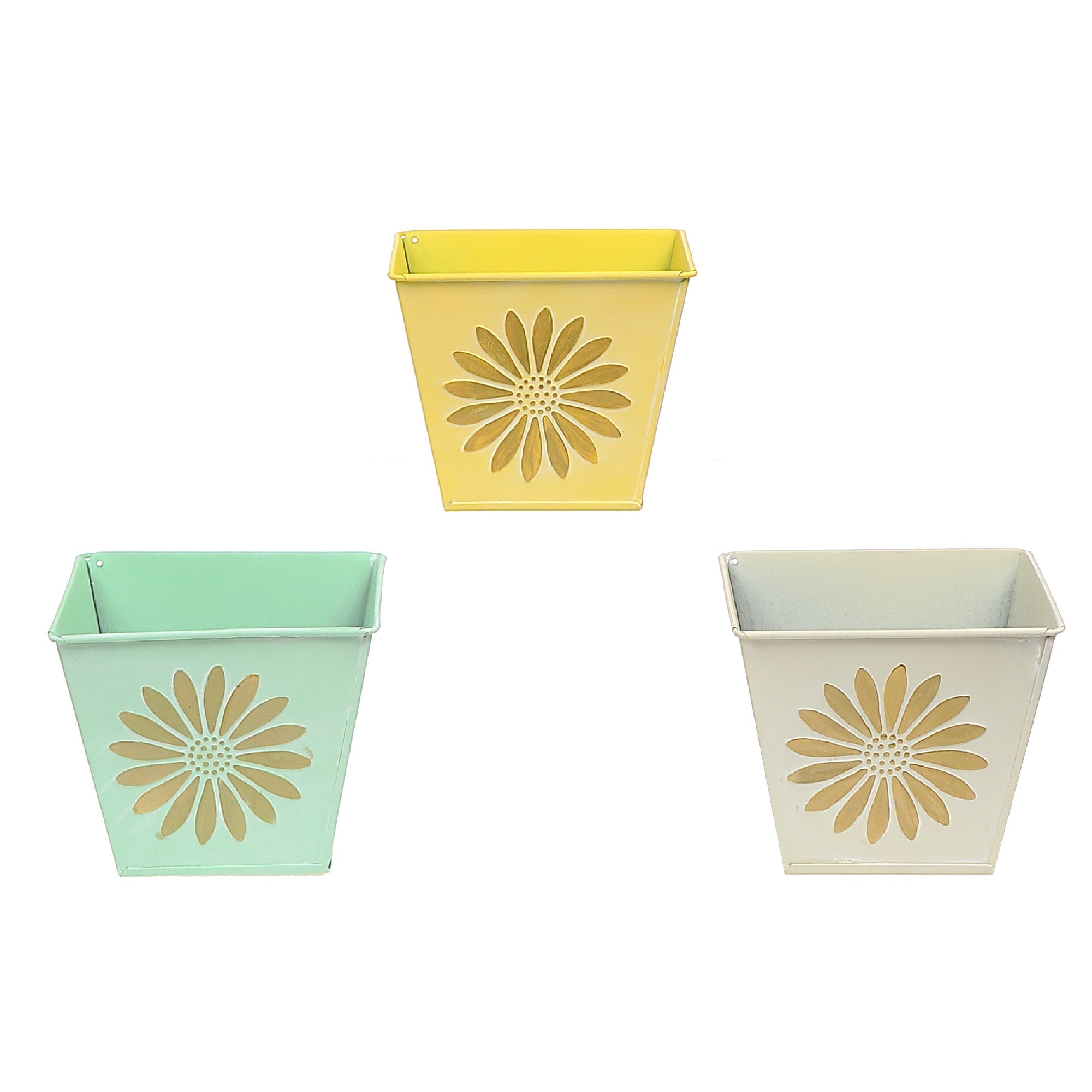 Embossed Daisy Metal Square Planter Assorted Set Of 3, Indoor Plant Holder, Table Decor