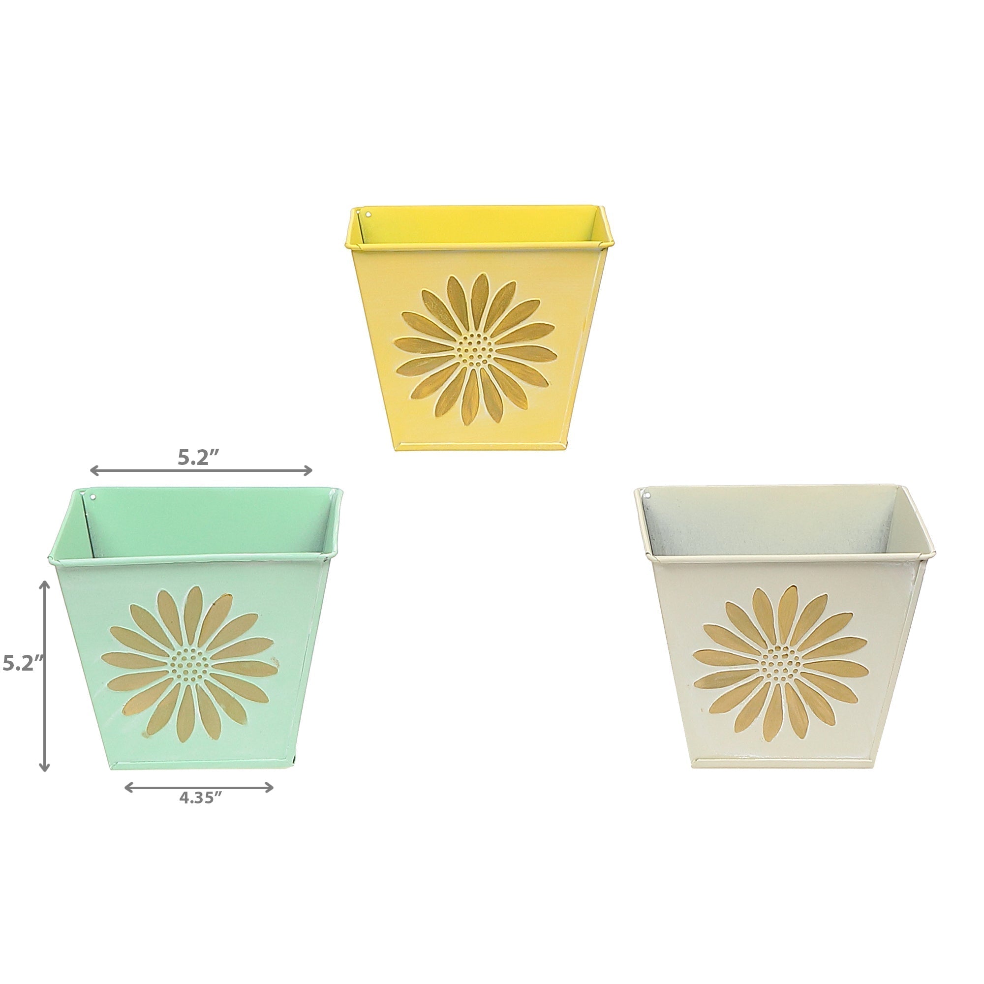 Embossed Daisy Metal Square Planter Assorted Set Of 3, Indoor Plant Holder, Table Decor