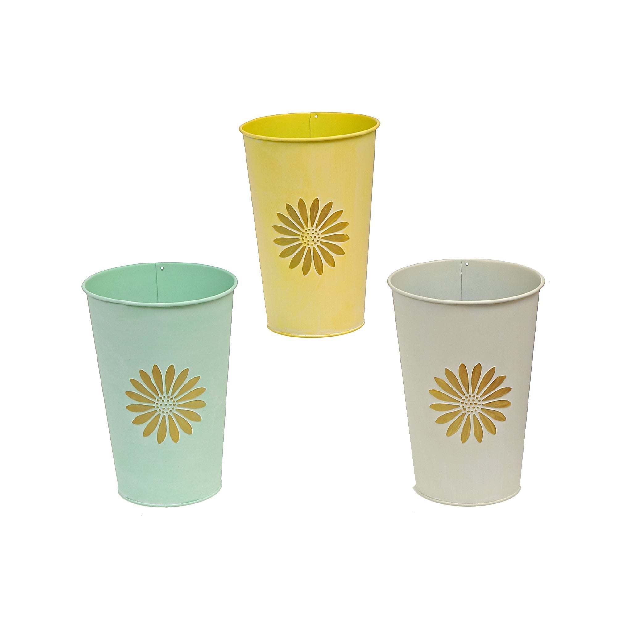 Embossed Daisy Metal Tall Round Planter Assorted Set Of 3, Indoor Plant Pot, Home Decor