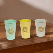 Embossed Daisy Metal Tall Round Planter Assorted Set Of 3, Indoor Plant Pot, Home Decor