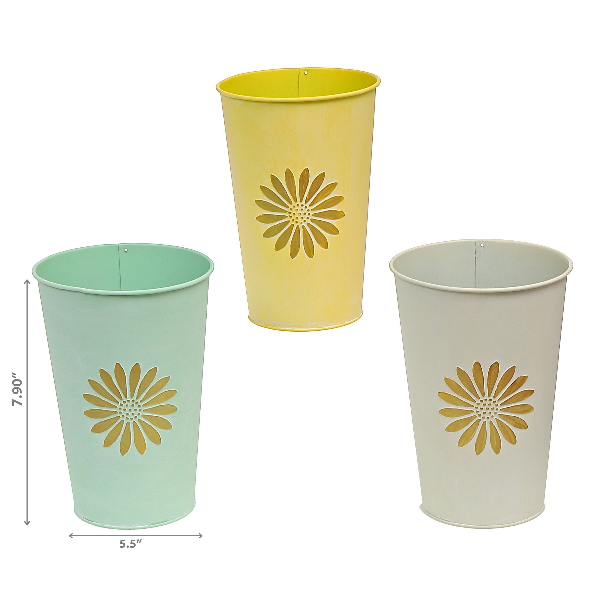Embossed Daisy Metal Tall Round Planter Assorted Set Of 3, Indoor Plant Pot, Home Decor