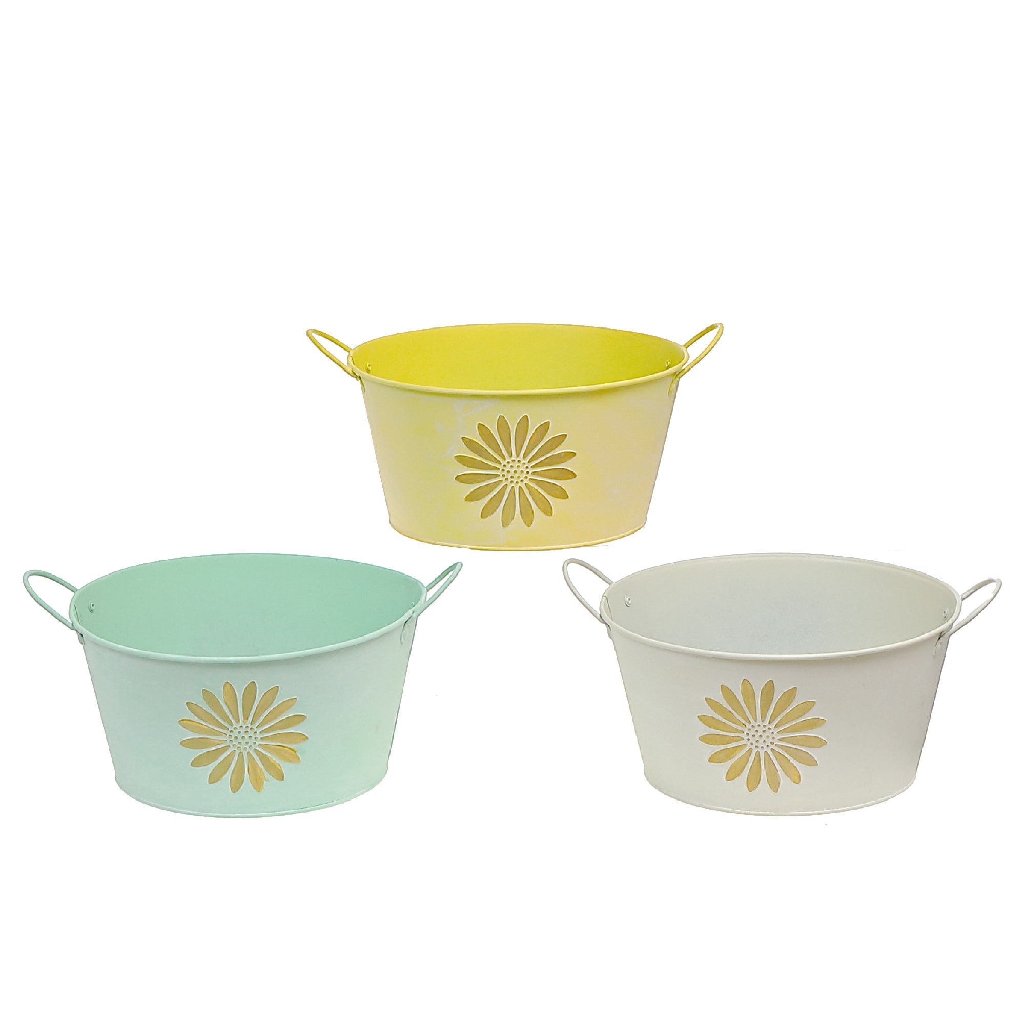 Embossed Daisy Metal Round Planter With Handle Assorted Set Of 3, Indoor Plant Holder, Table Decor