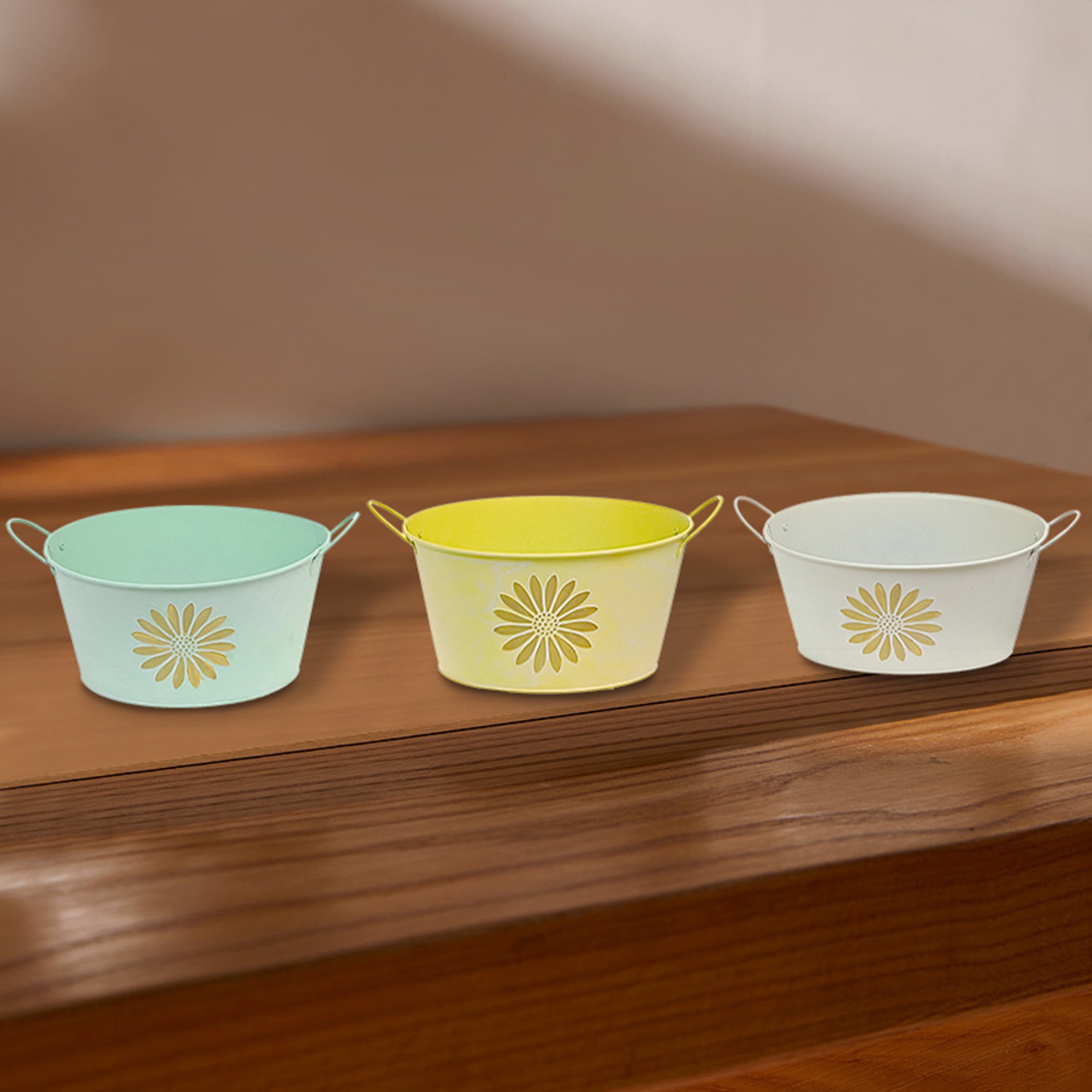 Embossed Daisy Metal Round Planter With Handle Assorted Set Of 3, Indoor Plant Holder, Table Decor
