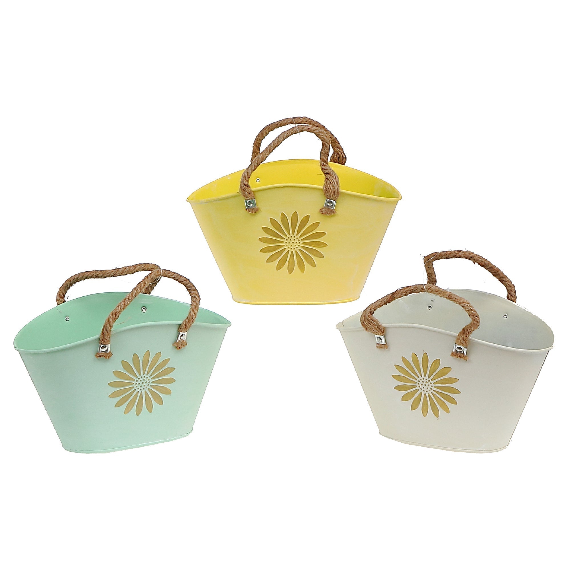 Embossed Daisy Metal Oval Planter With Rope Handle Assorted Set Of 3, Indoor Plant Holder, Table Decor
