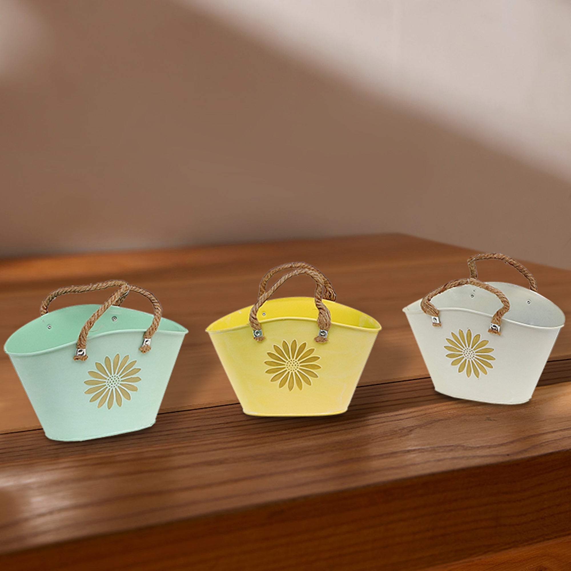 Embossed Daisy Metal Oval Planter With Rope Handle Assorted Set Of 3, Indoor Plant Holder, Table Decor