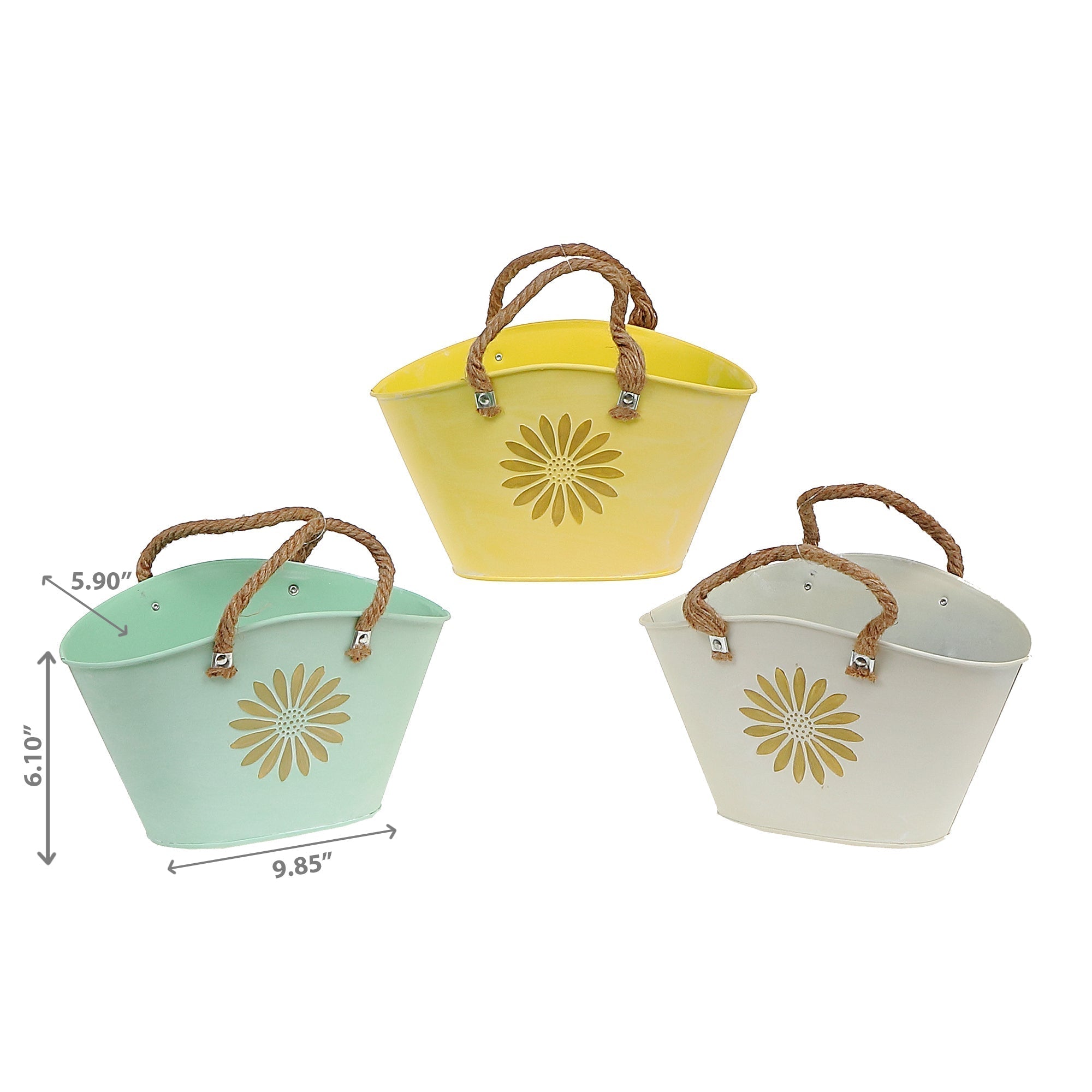 Embossed Daisy Metal Oval Planter With Rope Handle Assorted Set Of 3, Indoor Plant Holder, Table Decor