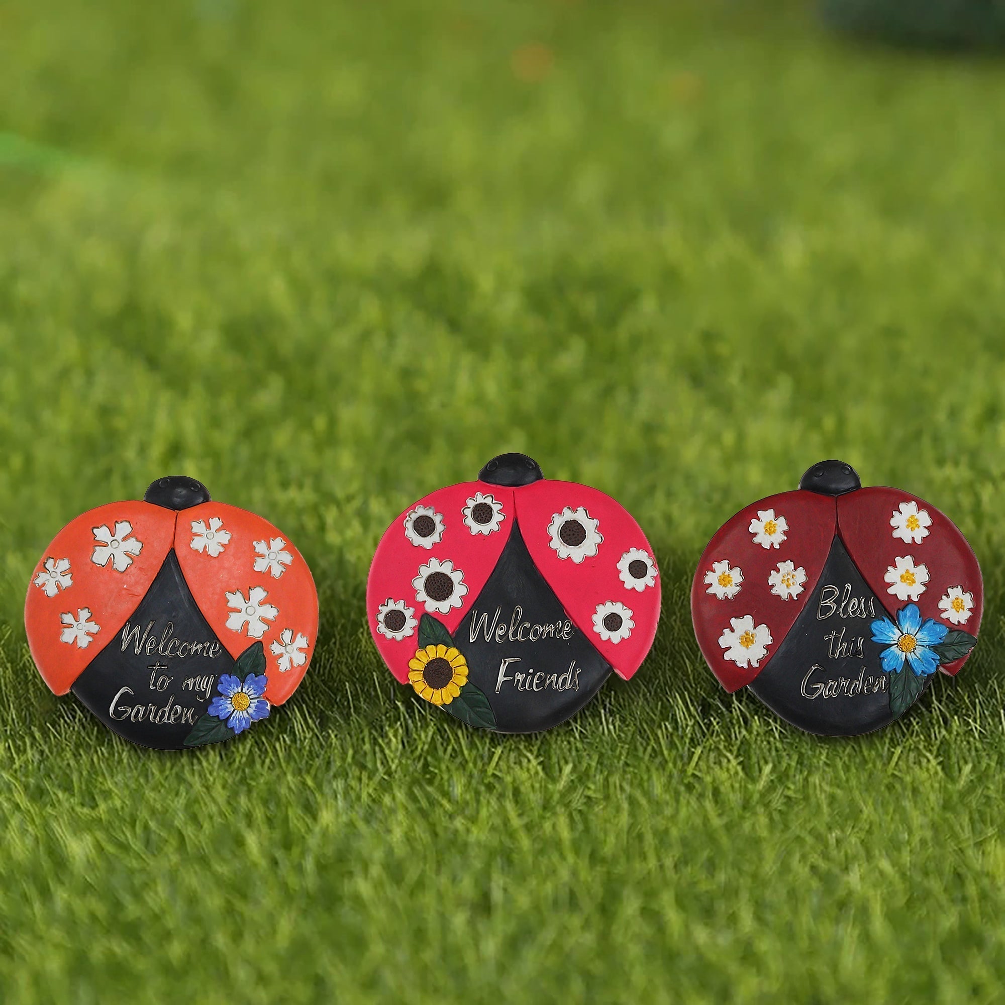 Round Garden Stepping Stones Ladybug Assorted Set Of 3, Outdoor Garden Decor, Lawn Accent