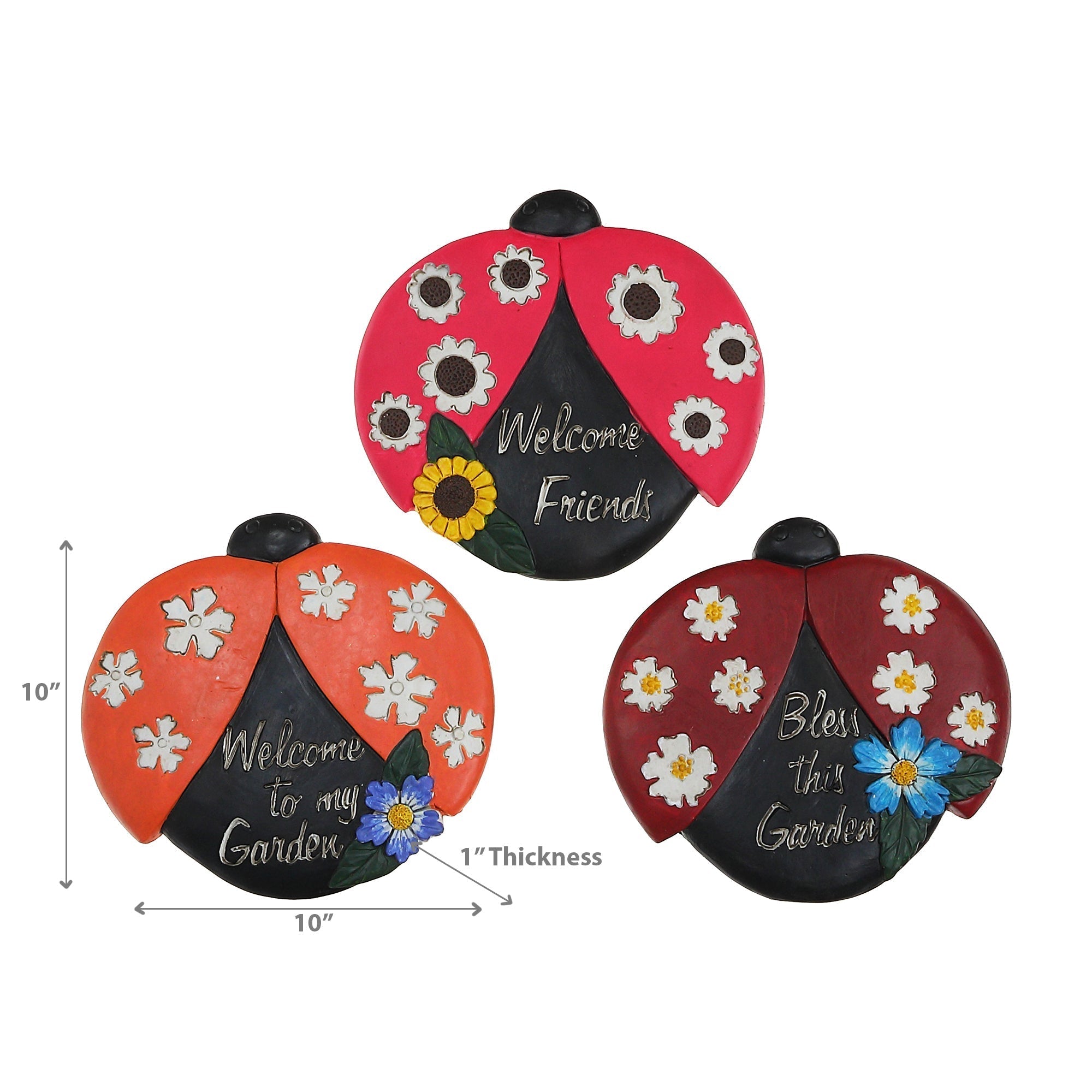Round Garden Stepping Stones Ladybug Assorted Set Of 3, Outdoor Garden Decor, Lawn Accent