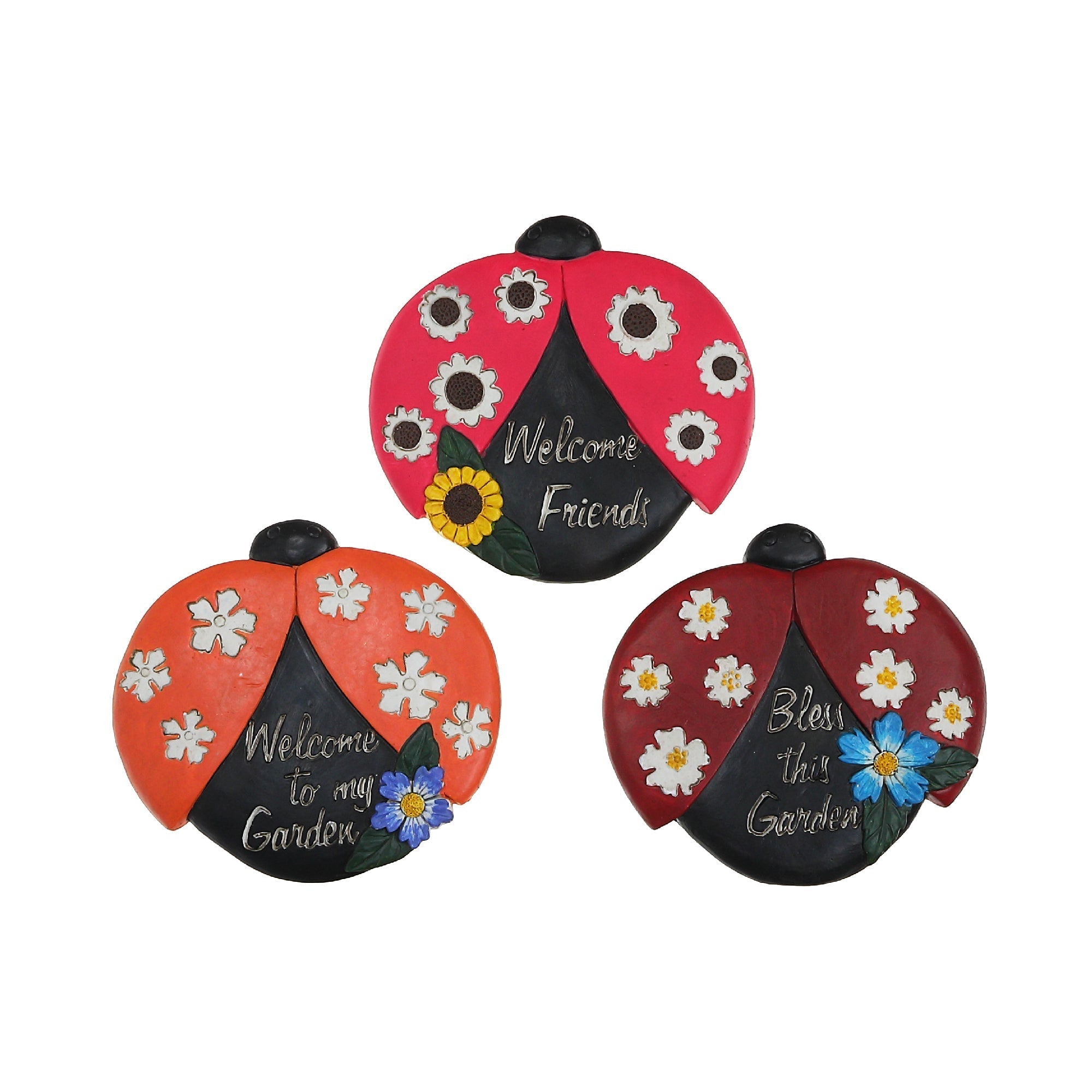 Round Garden Stepping Stones Ladybug Assorted Set Of 3, Outdoor Garden Decor, Lawn Accent