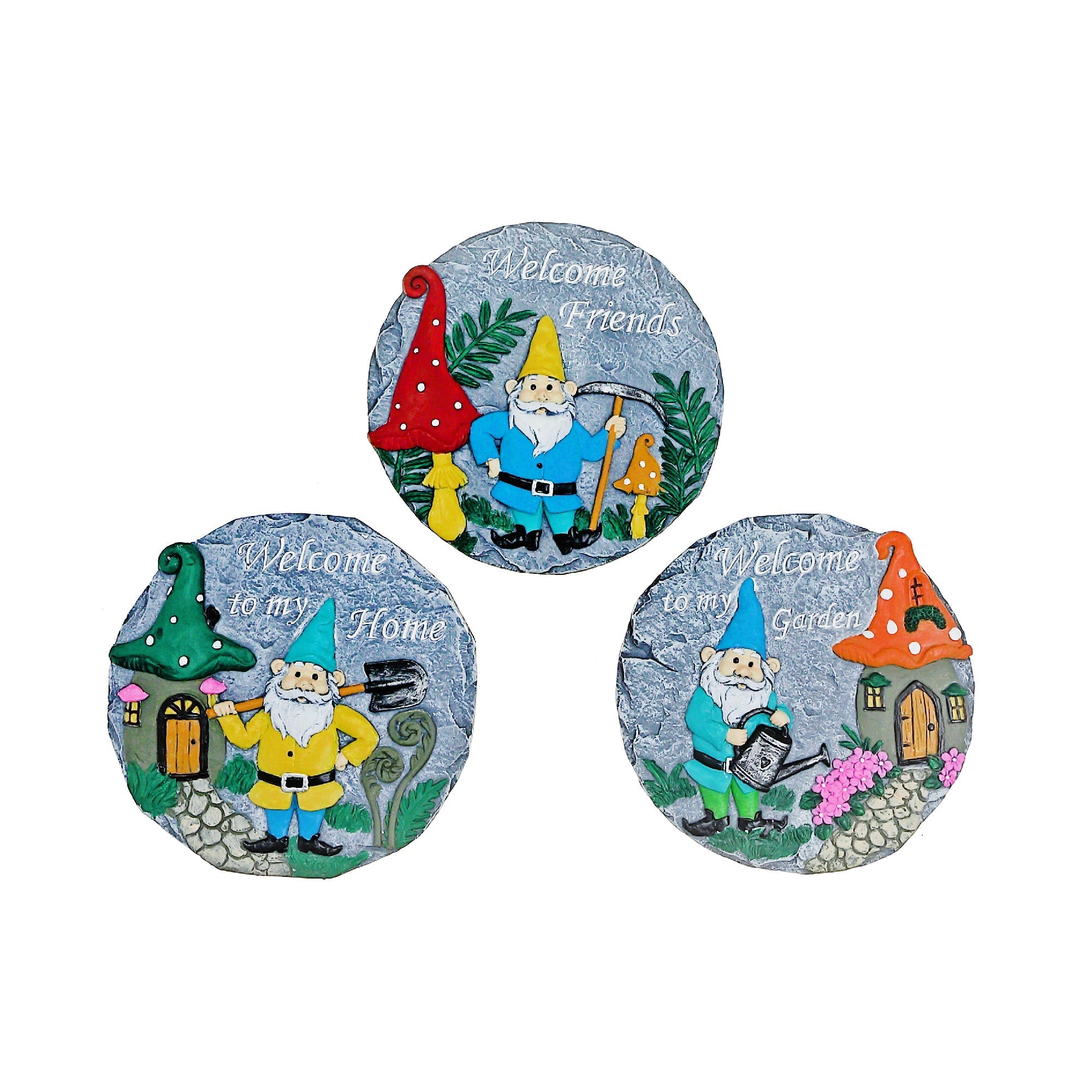Round Garden Stepping Stones Gnome Assorted Set Of 3, Outdoor Garden Decor, Lawn Accent