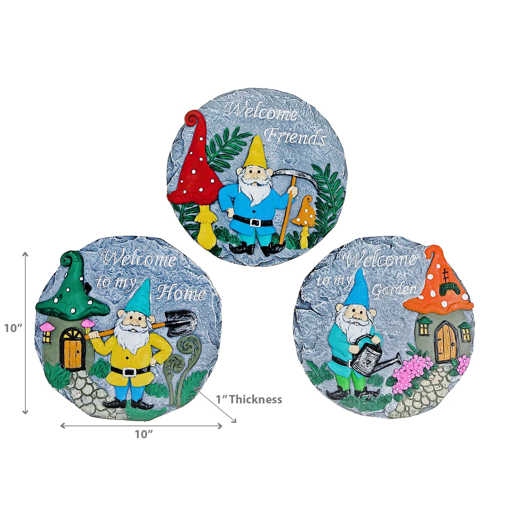 Round Garden Stepping Stones Gnome Assorted Set Of 3, Outdoor Garden Decor, Lawn Accent