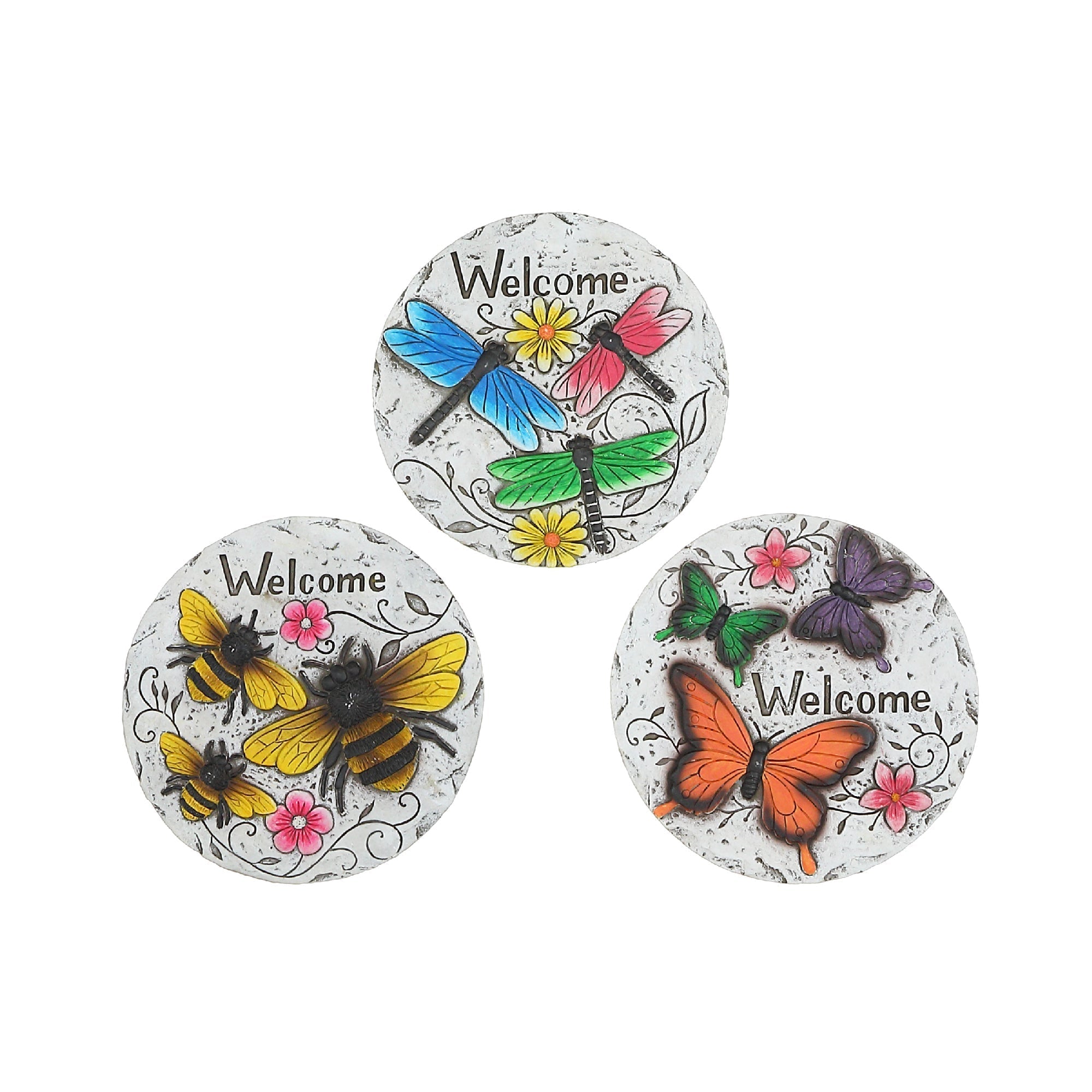 Round Garden Stepping Stones Insects Welcome Assorted Set Of 3, Outdoor Garden Decor, Lawn Accent