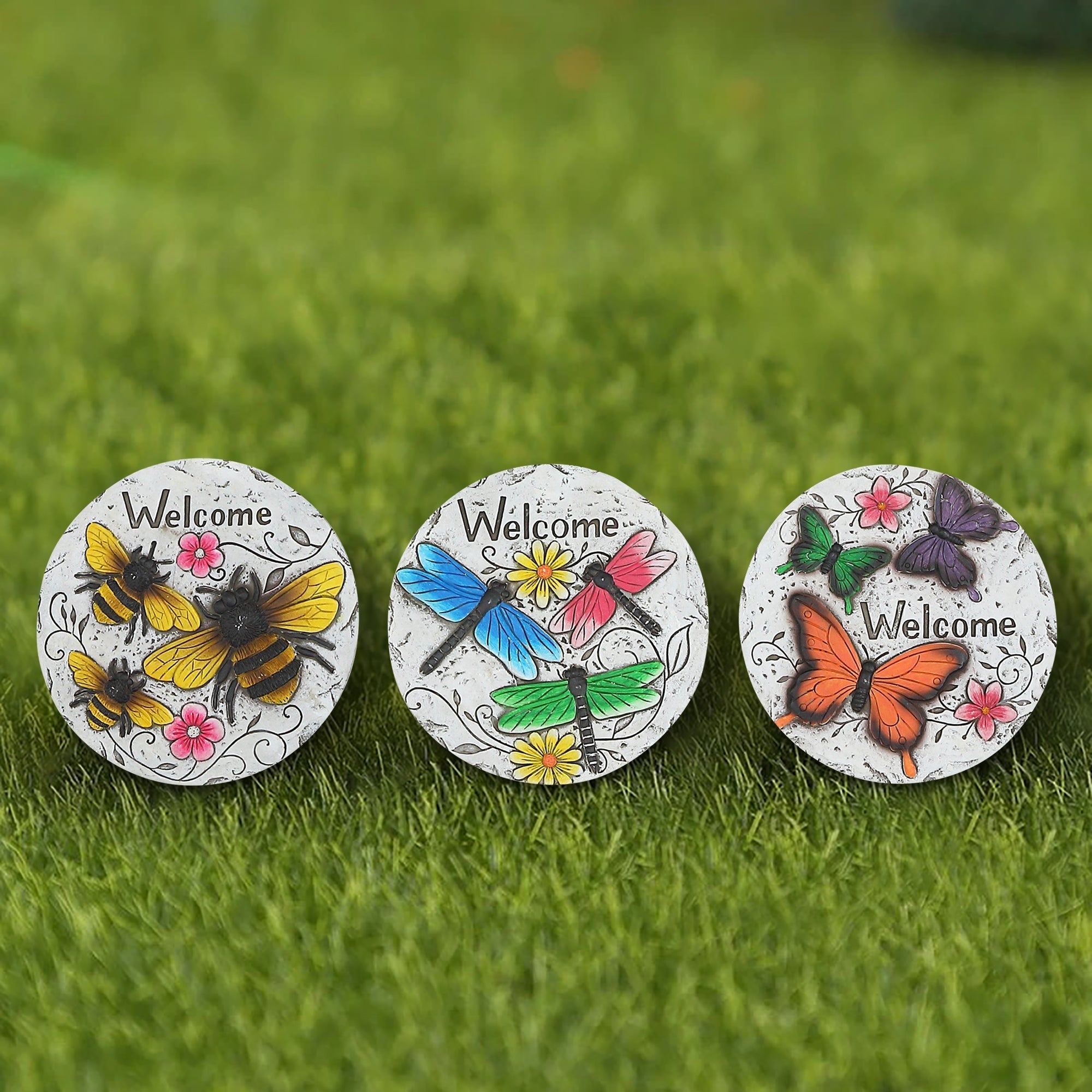 Round Garden Stepping Stones Insects Welcome Assorted Set Of 3, Outdoor Garden Decor, Lawn Accent