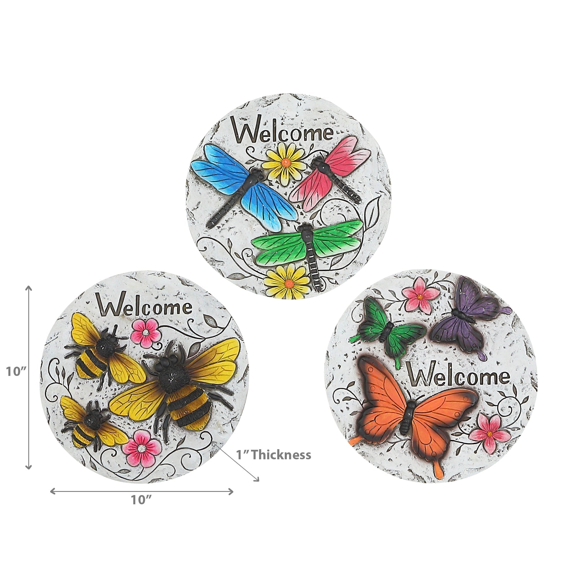 Round Garden Stepping Stones Insects Welcome Assorted Set Of 3, Outdoor Garden Decor, Lawn Accent
