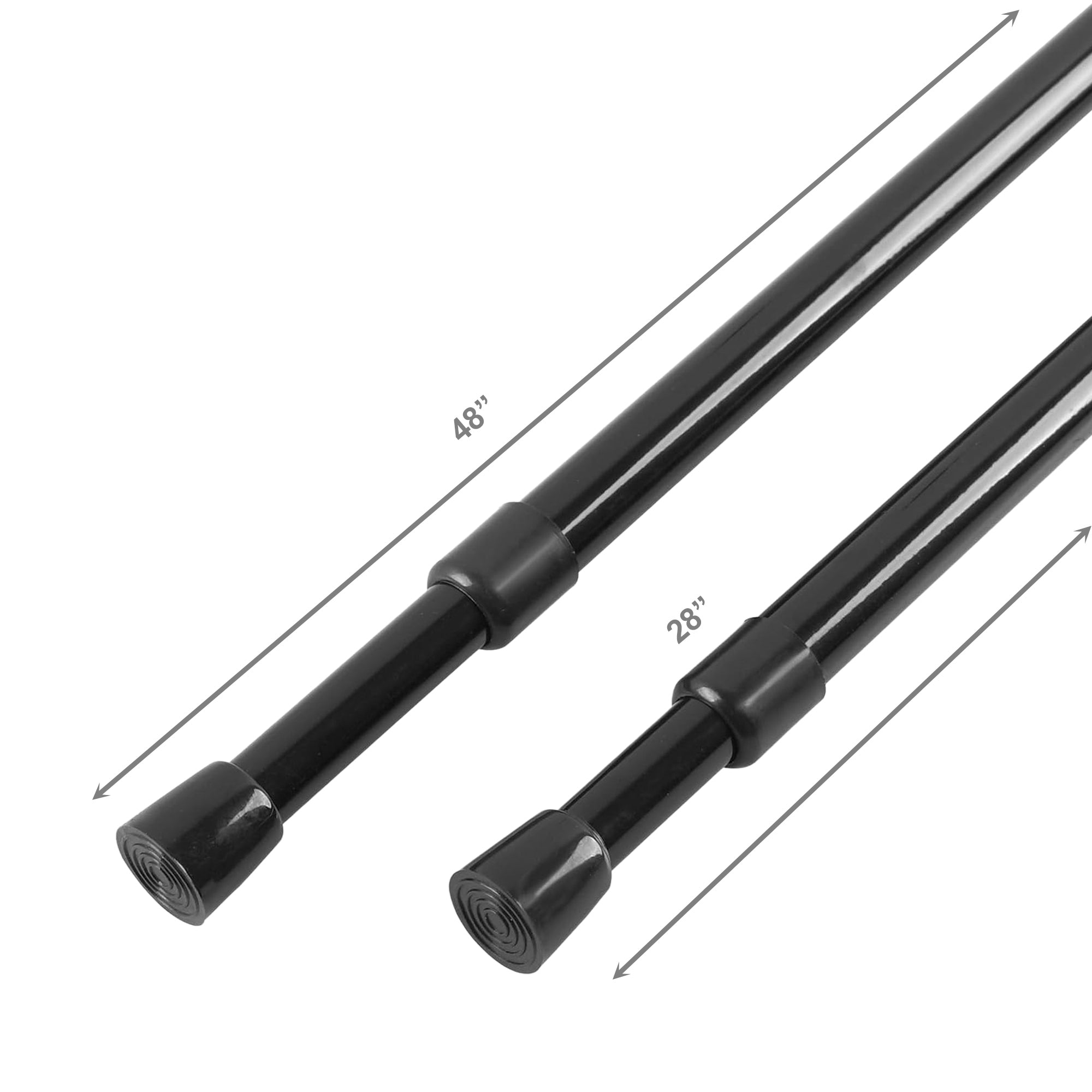 1/2" Black Spring Tension Rod, Adjustable 28 to 48 Inches - Set of 2