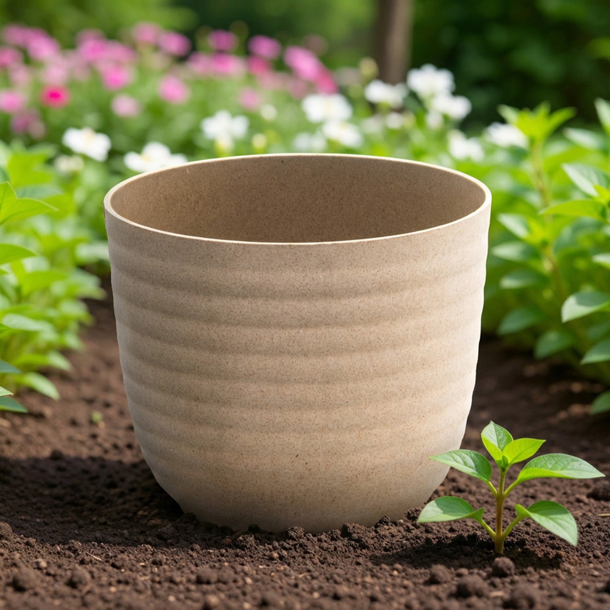 8.6" Eco-Friendly Beige Matera Round Planter - Set of 2