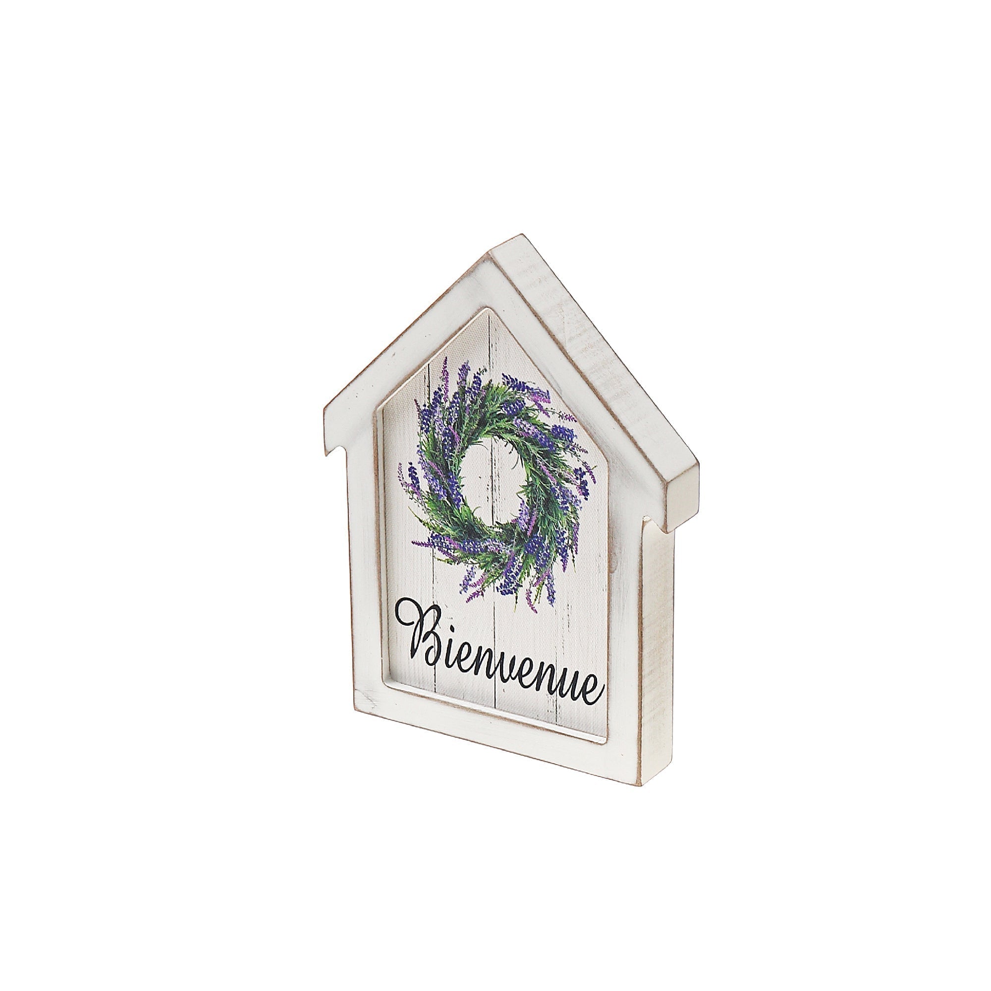 House Shape Wood Framed Canvas Sign Bienvenue, Rustic Wall Decor, Home Accent