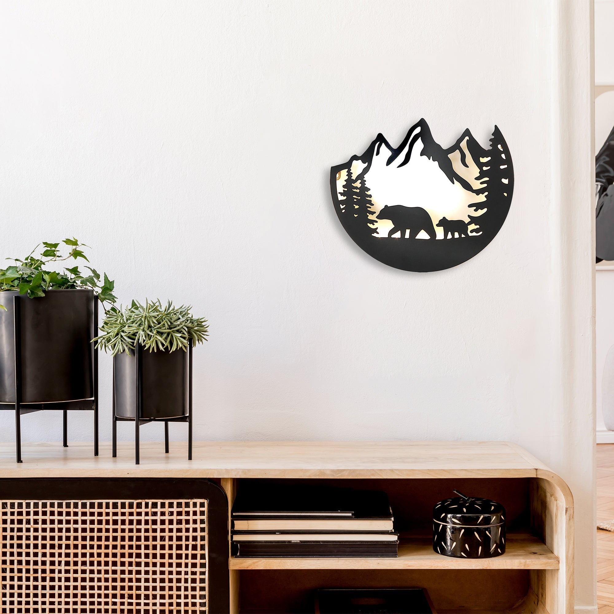Led Metal Laser Cut Scenic Forest Bear, Led Metal Forest Bear Wall Decor, Laser Cut Illuminated Art