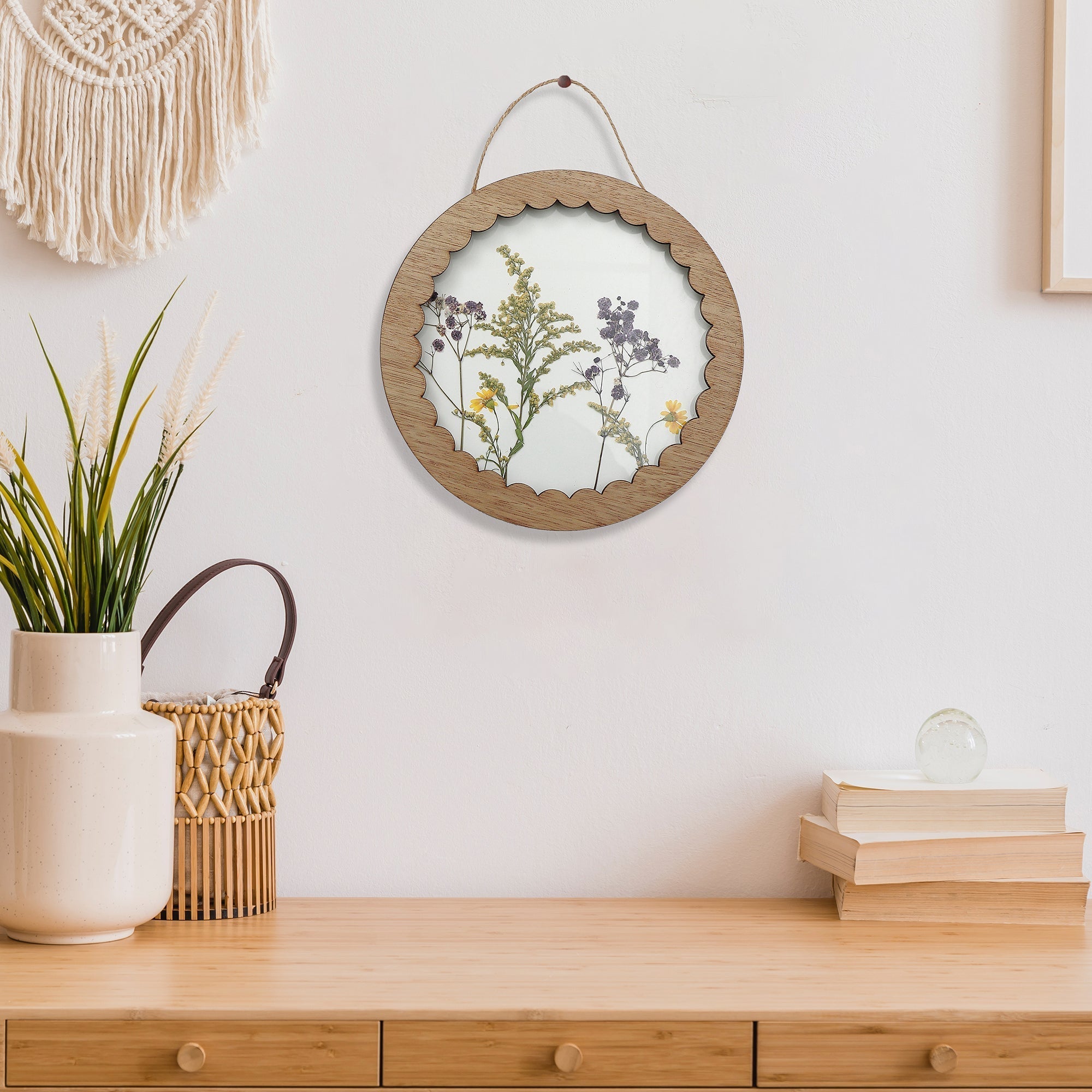 Round Wood and Glass Wall Art with Dried Floral, Botanical Wall Decor, Rustic Home Accent, Nature Inspired Wall Decoration