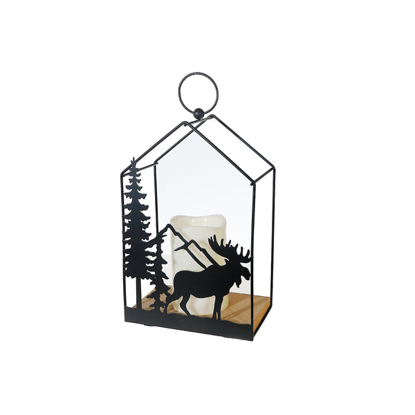 Metal Forest Moose Lantern With Led Candle