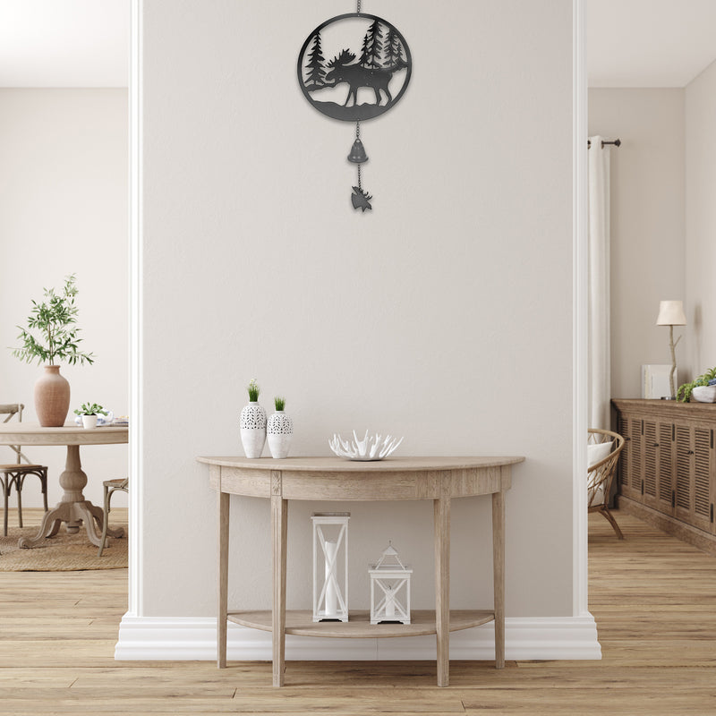 Black Metal Wall Hanging With Bell Moose Forest