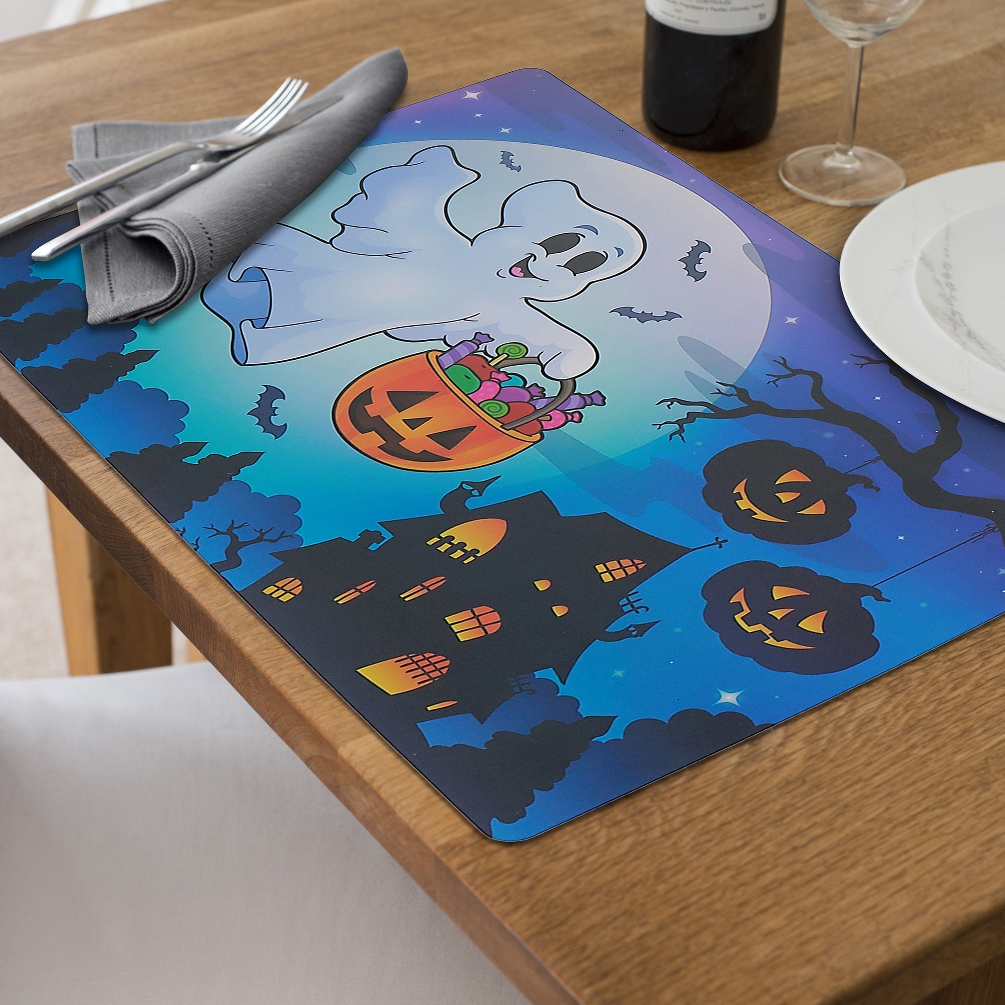 Flying Ghost & Pac-Man Reversible Plastic Placemat Set of 12 – Halloween Table Decor