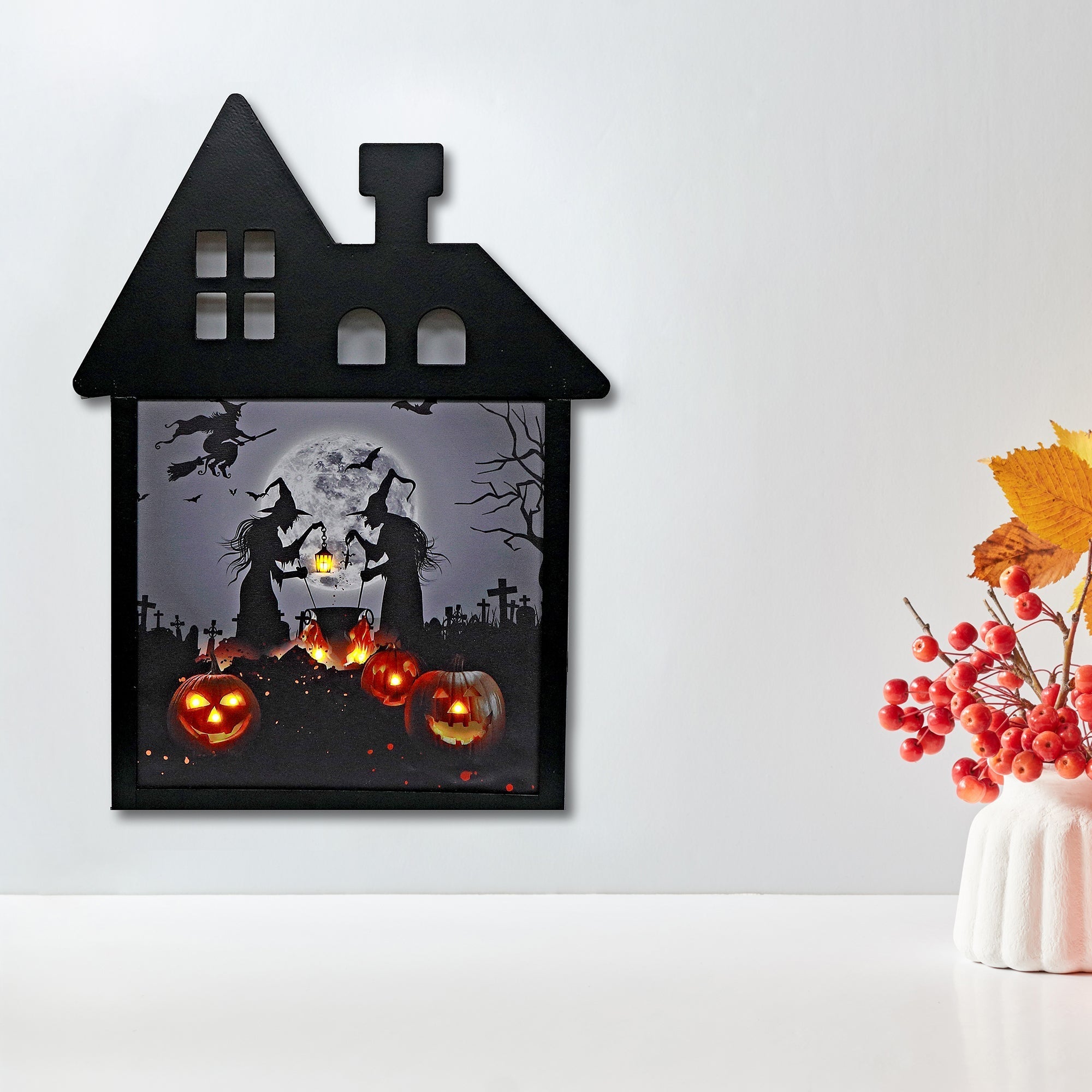 LED PVC House Frame Wall Art Witches and Pumpkins – Halloween Wall Decor, Illuminated Spooky Scene, Holiday Home Decoration