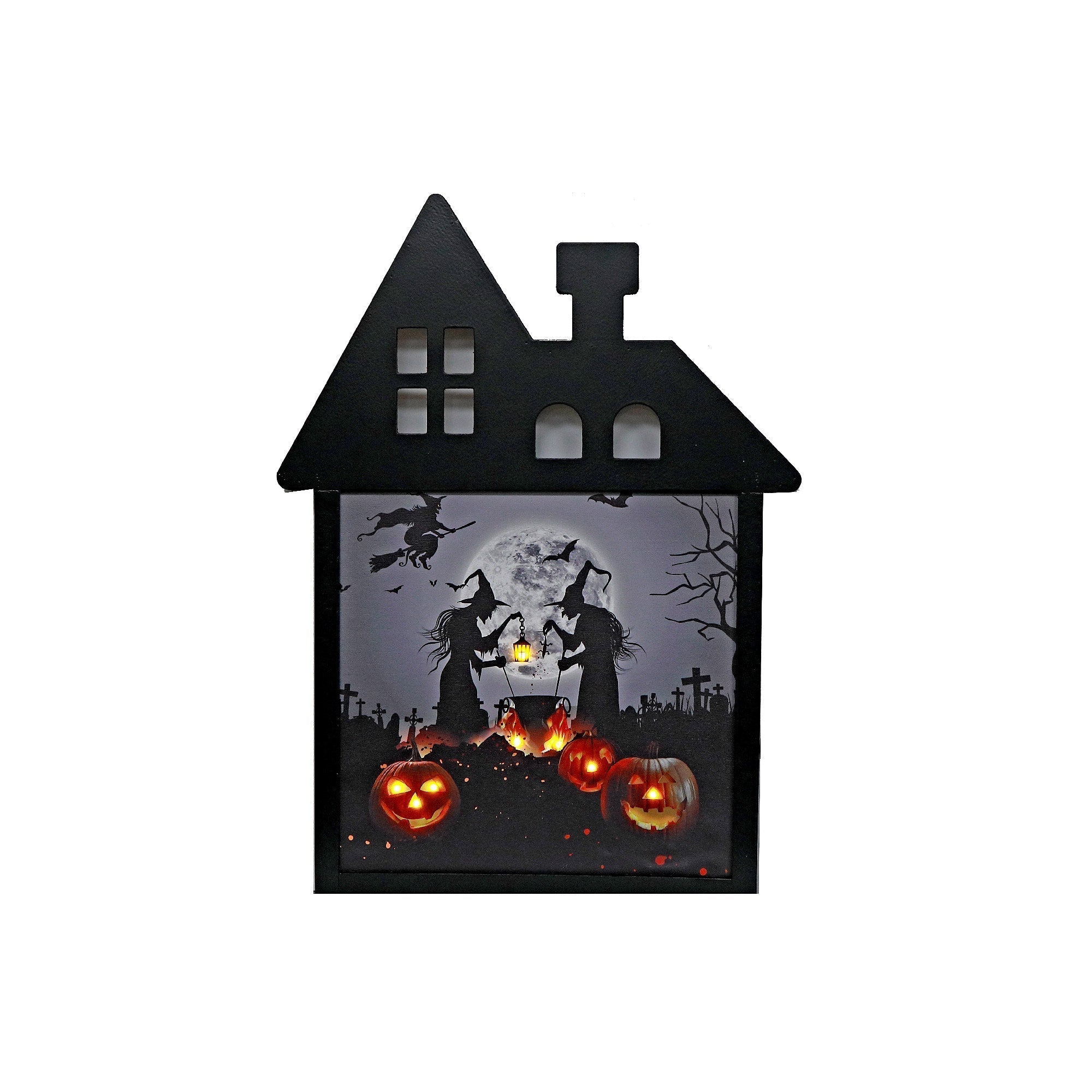 LED PVC House Frame Wall Art Witches and Pumpkins – Halloween Wall Decor, Illuminated Spooky Scene, Holiday Home Decoration
